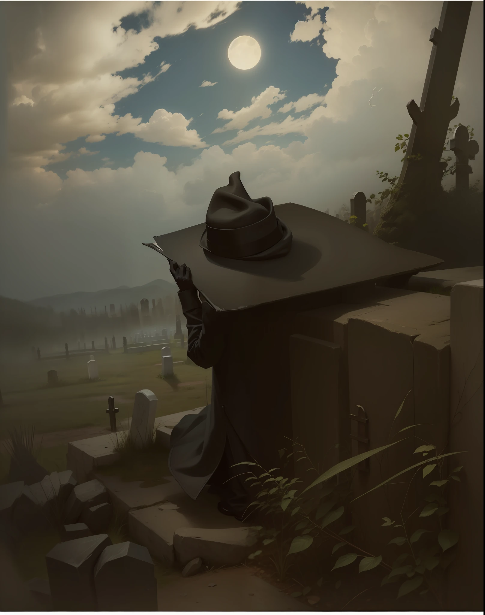 Make an ultra-realistic image (perfect hands), (obra prima), an old man in a black coat and black hat in a cemetery inspired by the setting of this painting