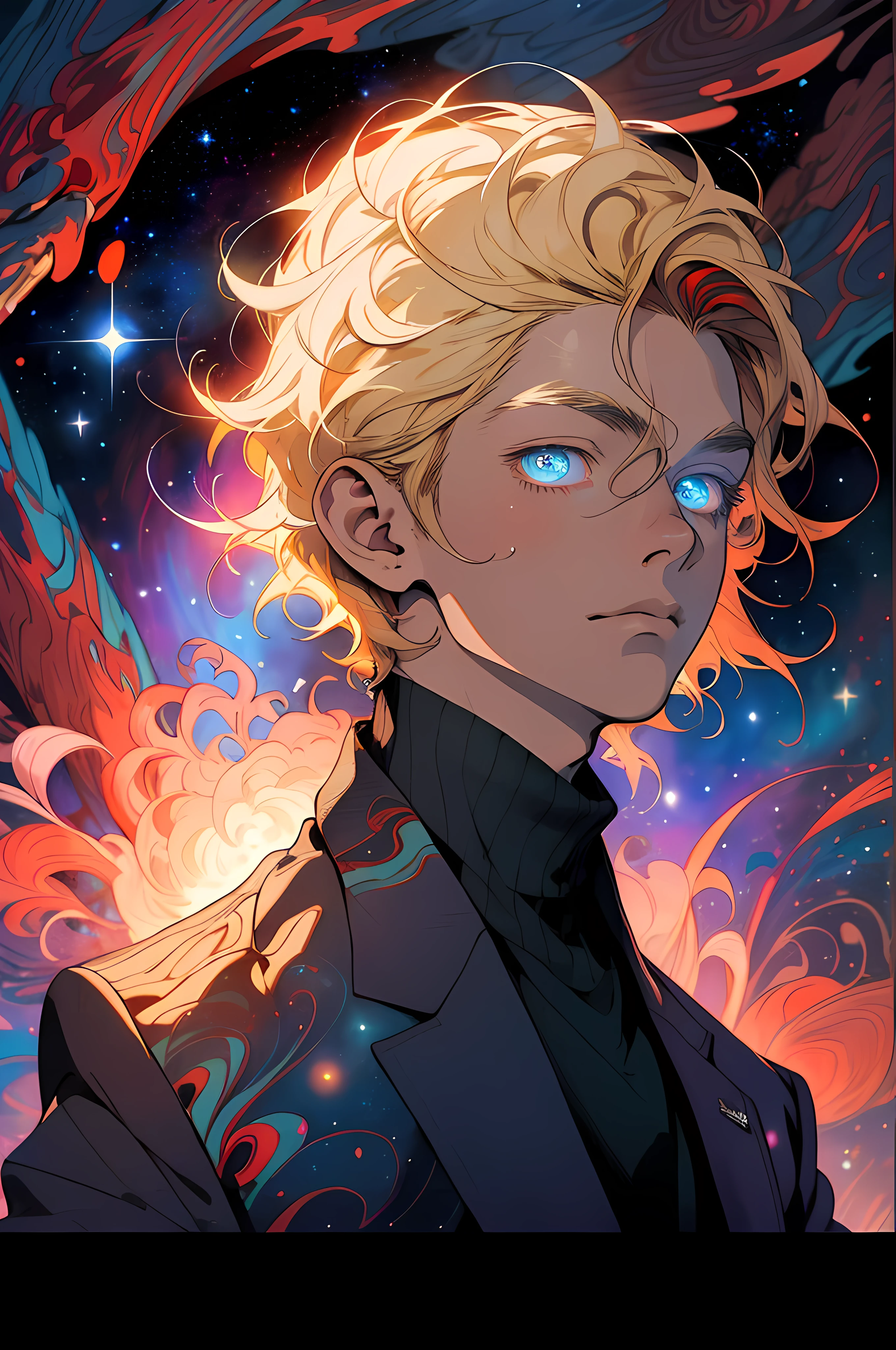 Realistic, (Masterpiece, Top Quality, Best Quality, Official Art, Beauty and Aesthetics: 1.2), Very Detailed, Fractal Art, Colorful, Most Detailed, Zentangle, (Abstract Background: 1.5) (1boy: 1.3), God, Blonde Hair, Short Hair, (Glowing Blue Eyes), Mysterious, (Magic), Starry Sky, Handsome Man, (((Lycoris radiata)))