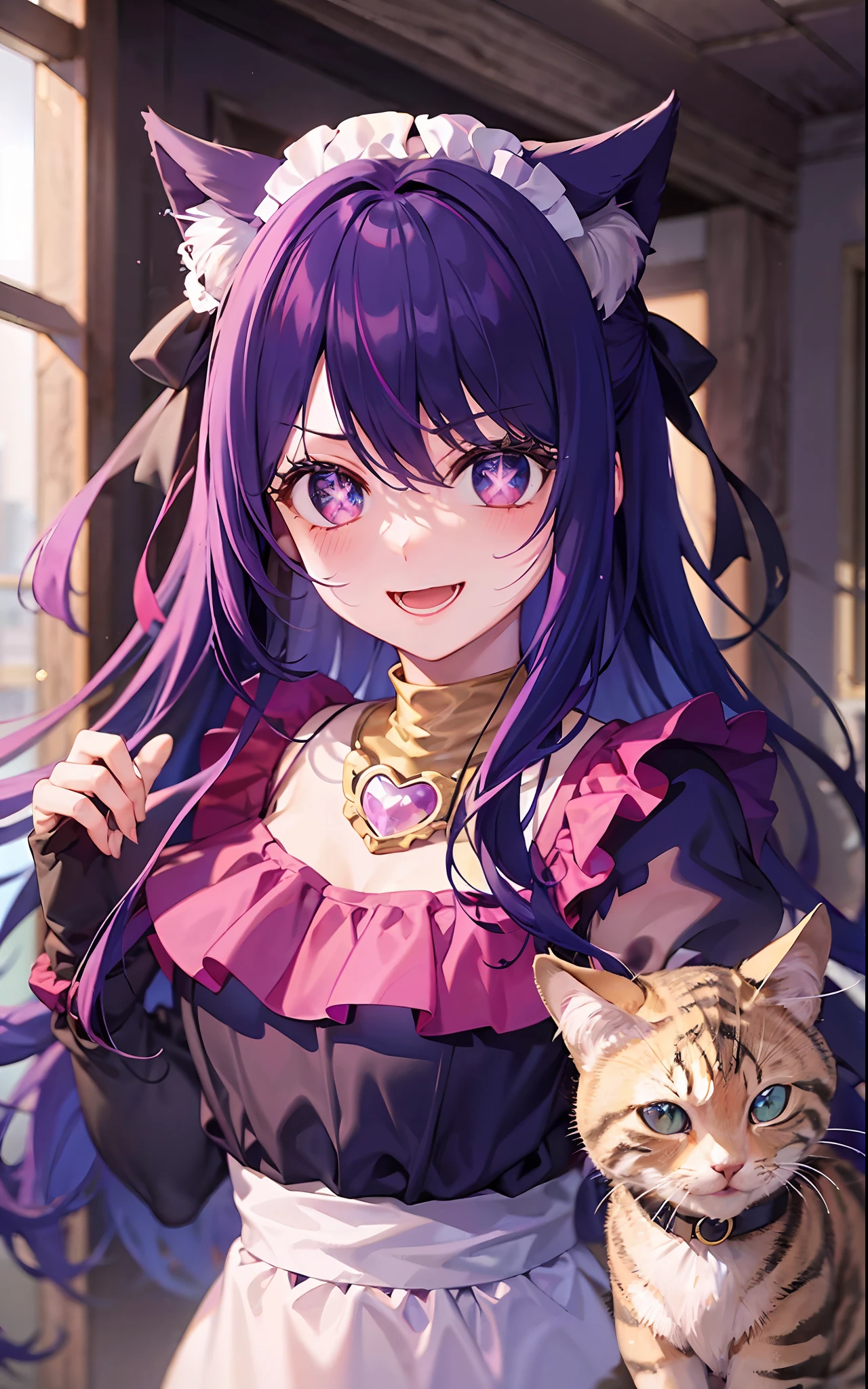 1girll,((There is a five-pointed star in the eye))Gorgeous Hair in Long Purple,Smile,Open mouth,the maid outfit,Blushlush,Cat ears,sobu,