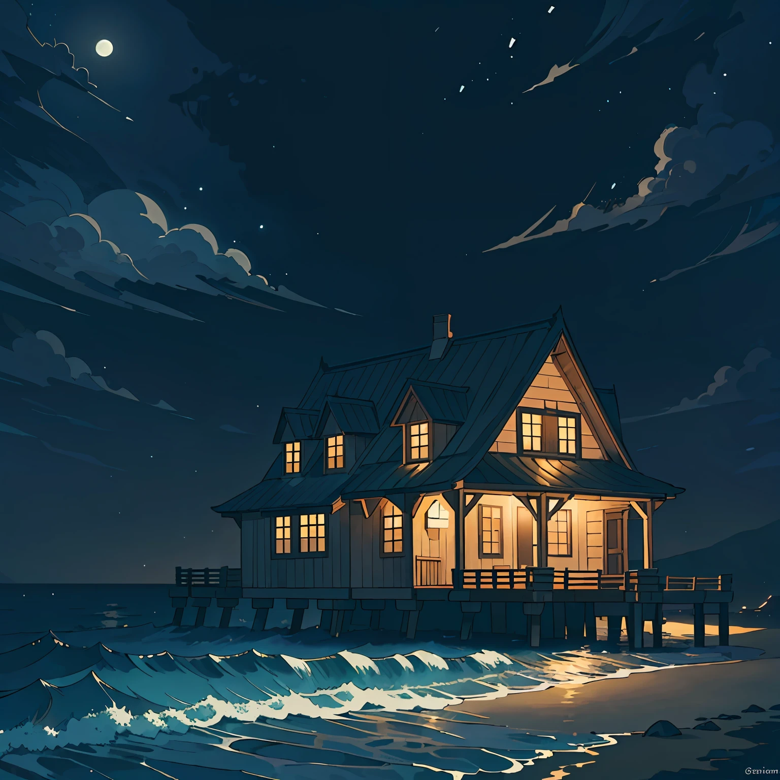 "Moody and atmospheric, evoke the mesmerizing beauty of a moonlit beach on a rainy night. Illustrate the enchanting scene of a beach house bathed in the soft shimmer of moonlight."