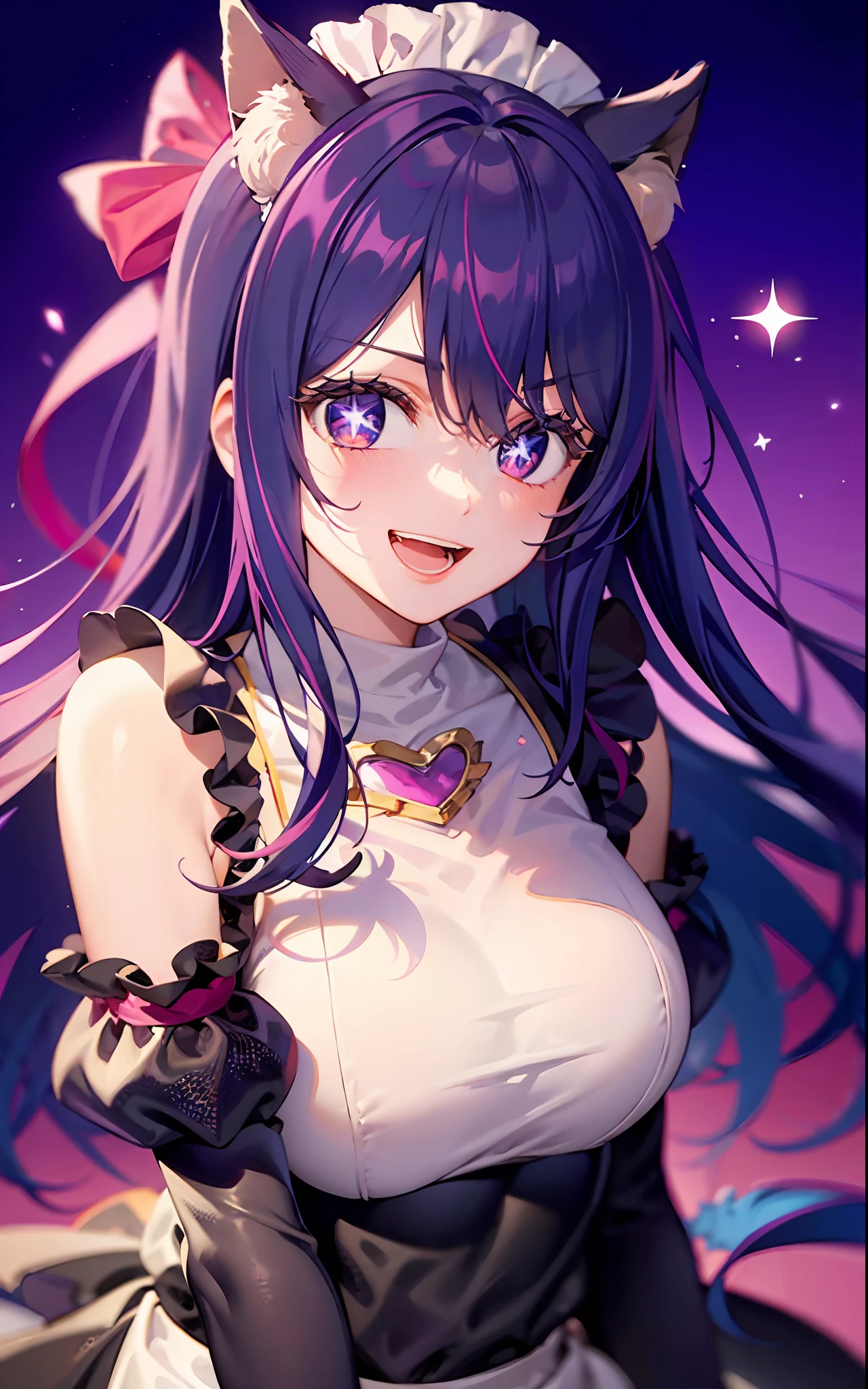1girll,((There is a five-pointed star in the eye))Gorgeous Hair in Long Purple,Smile,Open mouth,the maid outfit,Blushlush,Cat ears,sobu,
