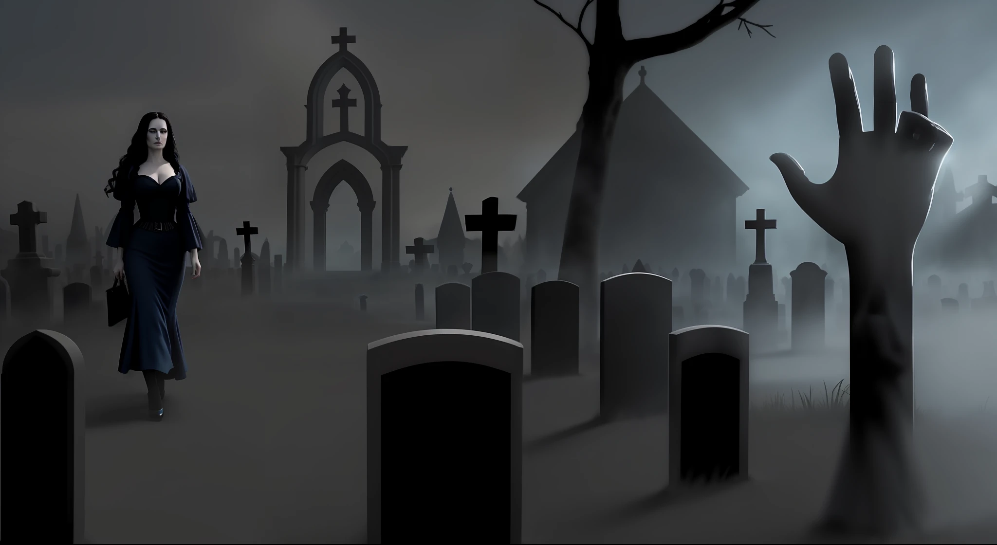 Image of a woman in a blue dress walking in a cemetery, Goddess of realistic death in a cemetery, Dark cemetery scene, Cemetery background and a hand coming out of the grave (zumbi), Amy Adams como Morticia Addams, 3D render e pintura fosca, in the middle of a graveyard, behind her a gothic cathedral, Twilight ; Pintura digital, foto de retrato de pintura fosca, graveyard