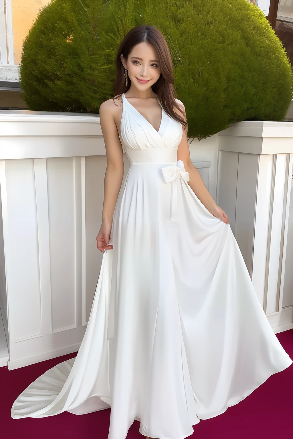 girl wearing white dress, standing on your feet, full bodyesbian, evening formal robes，solid