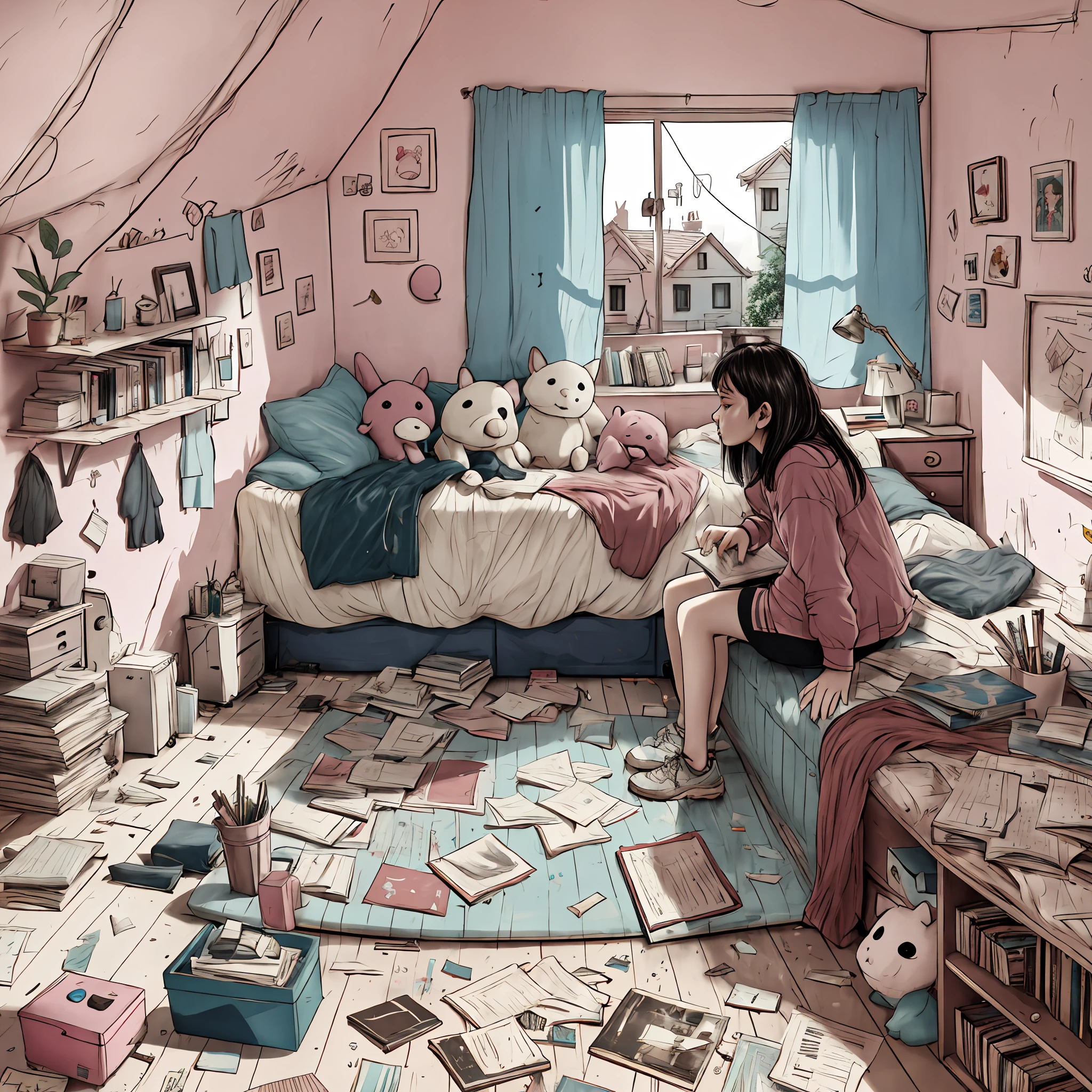 there is a woman sitting on a bed in a room with lots of books, messy room, chaotic teenage bedroom, photorealistic room, girl's room, in her room, beeple. hyperrealism, messy bedroom, inside a messy room, 3 d render beeple, cluttered room, cute room, realism | beeple,