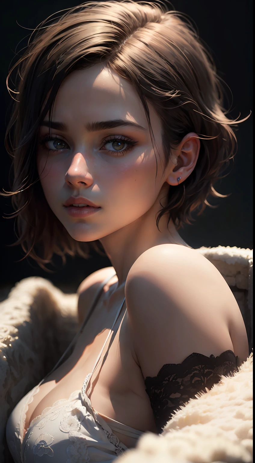 Best quality, masterpiece, ultra high res, (photorealistic:1.5), raw photo, 1girl, offshoulder, in the dark, deep shadow, low key, cold light, sexy look, short hair