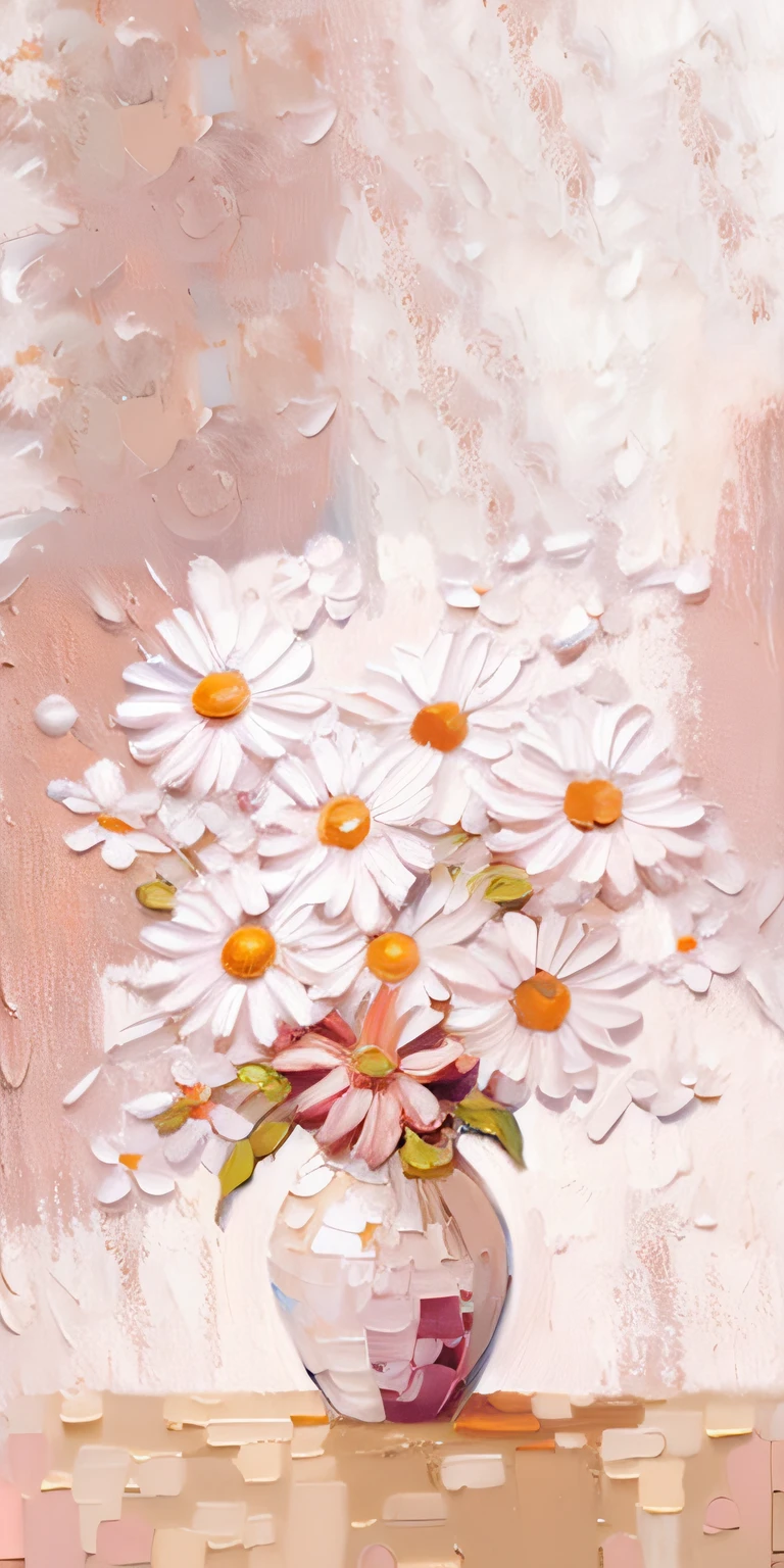 A vase with white flowers painted on the table, Daisies, soft flowers, OilPaintStyle, realistic flowers oil painting, Oil painting style, beautiful art, Soft glow, digital art oil painting, oil paint impasto relief, smooth oil painting, impasto oil painting, author:Marie Bashkirtsev, oil paint impasto relief
