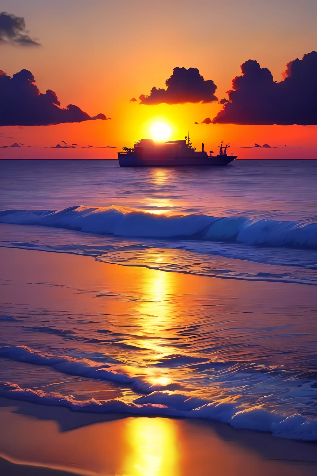 (Masterpiece, Realistic:1.3), shipyard building an aircraft carrier,  Sharp, Detailed, 4k texture,Sunset over the ocean，There is a ship in the distance, Image source：Jan Tengnagel, pexels, romanticism lain, The most beautiful sunset, which shows a beach at sunset, as the sun sets on the horizon, the glimmering orange dawn, Sunset view, at a beautiful sunset, sunsettime, late sunset, trending photo, colours of the sunset