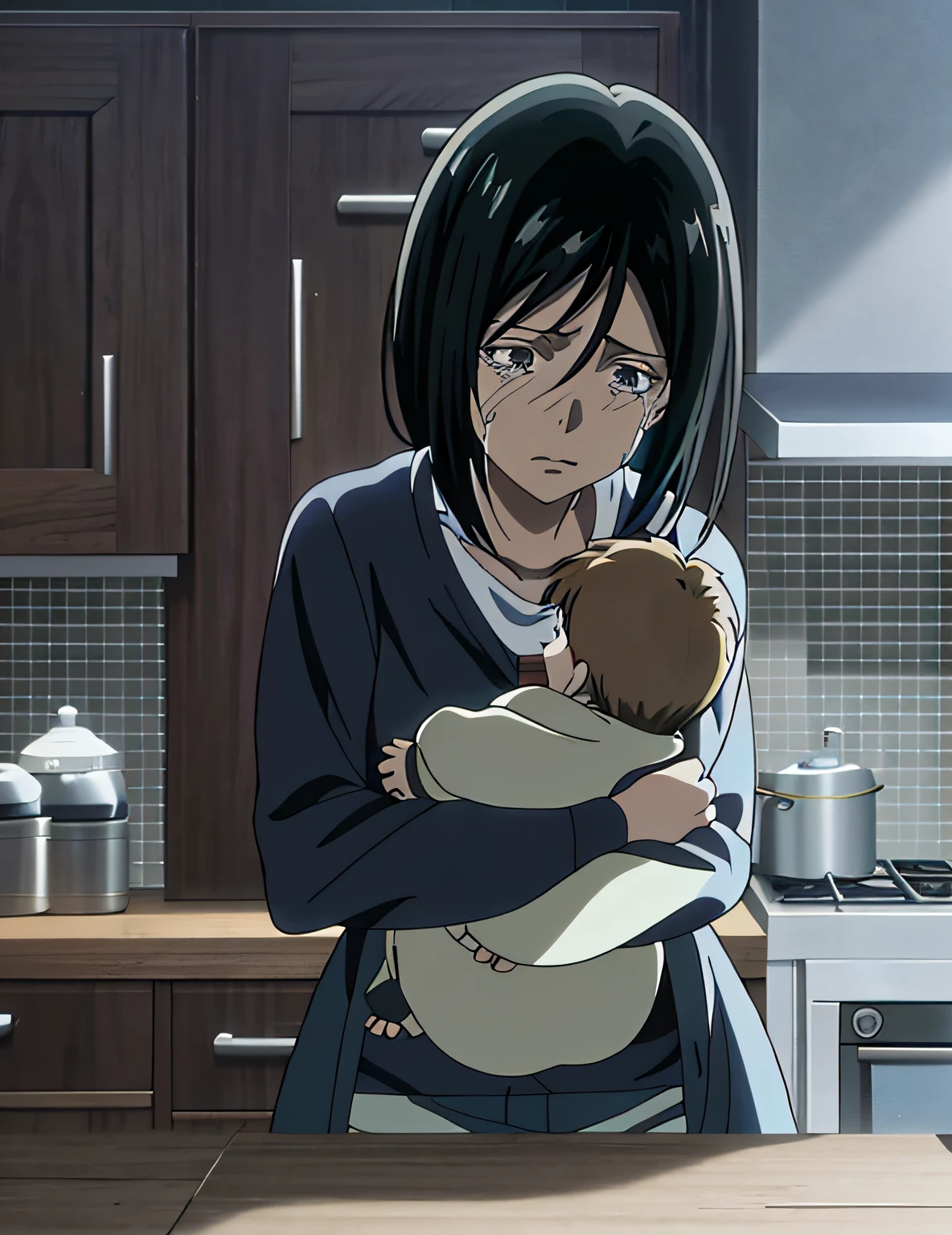 Anime image of a woman holding a  in the kitchen,  still from tv anime, cel shaded anime, screenshot from the anime film, in the anime film, Today's featured anime stills, anime still frame, official anime still，The expression of the woman is crying and sadness，Anime cartoons