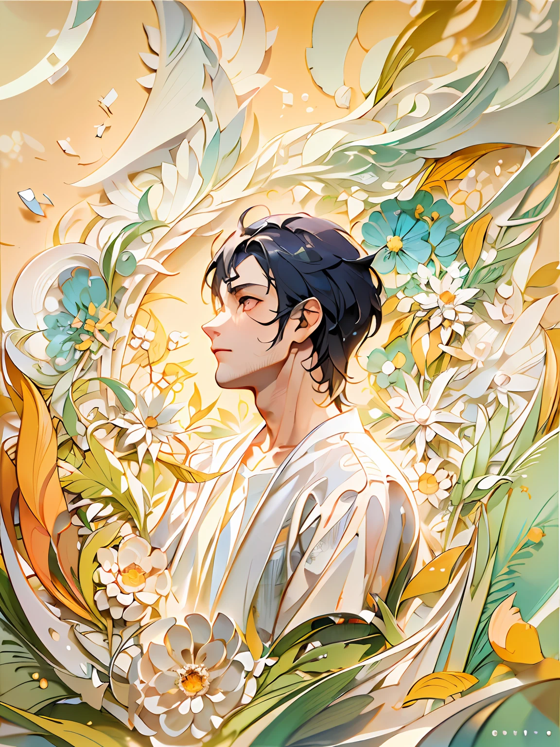 (((masterpiece))),best quality, illustration, 1man, handsome man, vibrant color scheme, Soft light,(warm color:1.2),Water color painting, light background, best quality exquisite details,3d rendering,Octane render, paper_cut