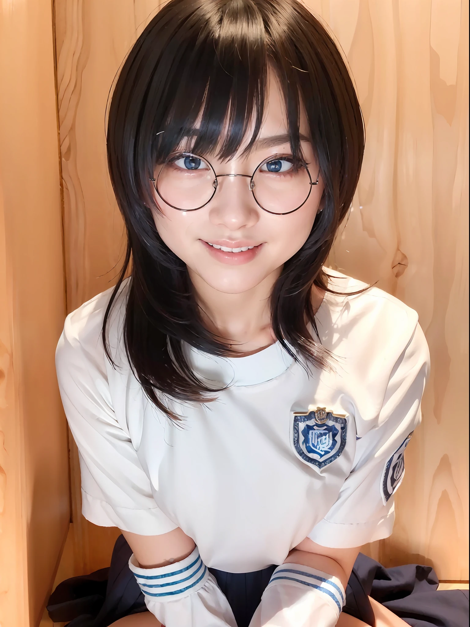(((1girl in))), NSFW:1.3、masutepiece、Top image quality、absurderes、full body Esbian、Face and hairstyle and poses comply with LORA、A detailed face、Detailed skin, Supremely pure white skin、Beautiful double eyelids、large round glasses with thin silver rims,:1.4, Cute and evil smile、Dimples、fullnude、middlebreasts、big breasts thin waist、Long white socks with blue accents、perfect-composition、Professional Writing、Idol gravure、schools