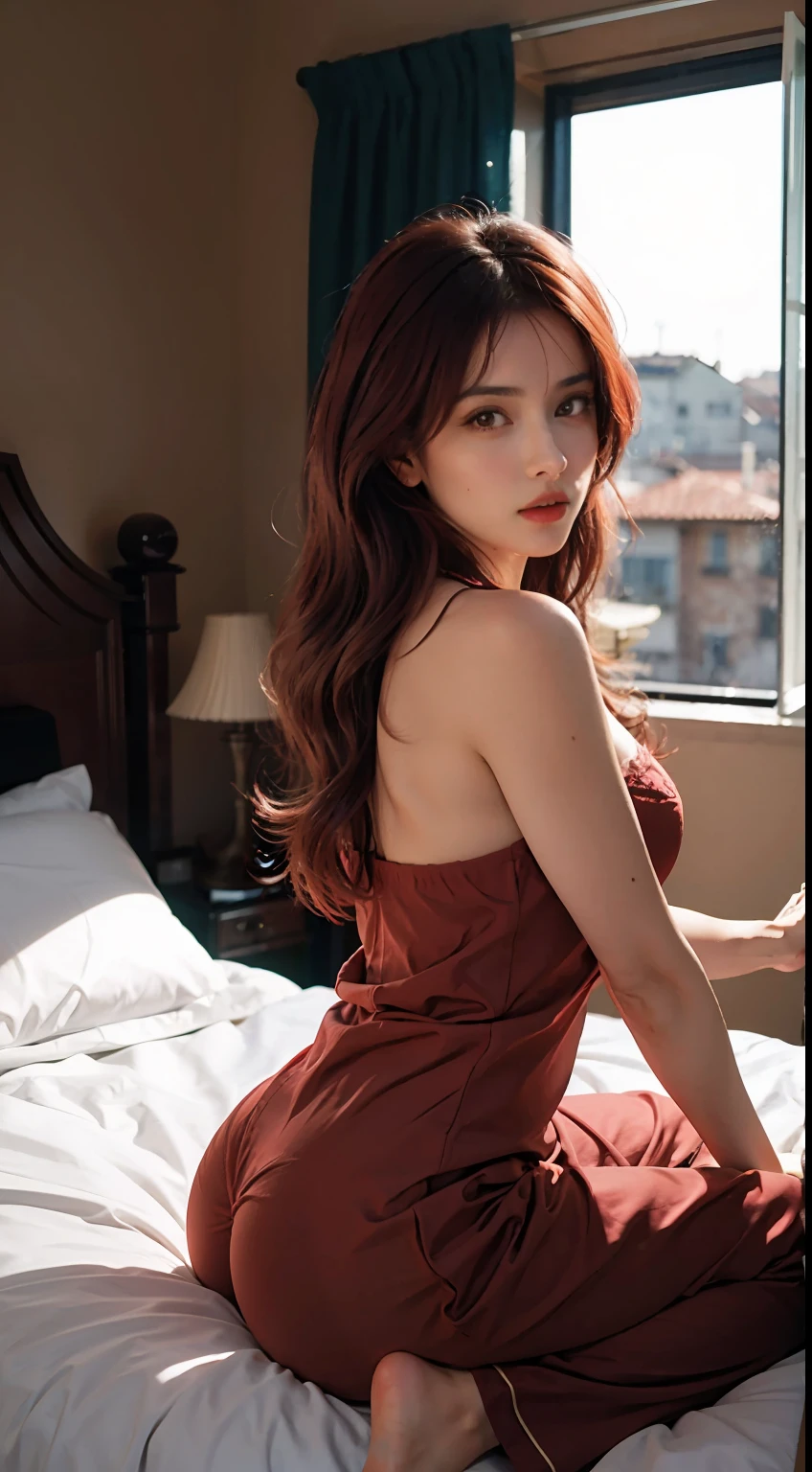 (Bellucci Monica),Beautiful woman with red hair,Loose pajamas,Big ass exposed,sit on a bed,Raised sexy,Realistis,perfectquality,photorealiscic face,photorealistic eye,The view behind the butt,Black panty