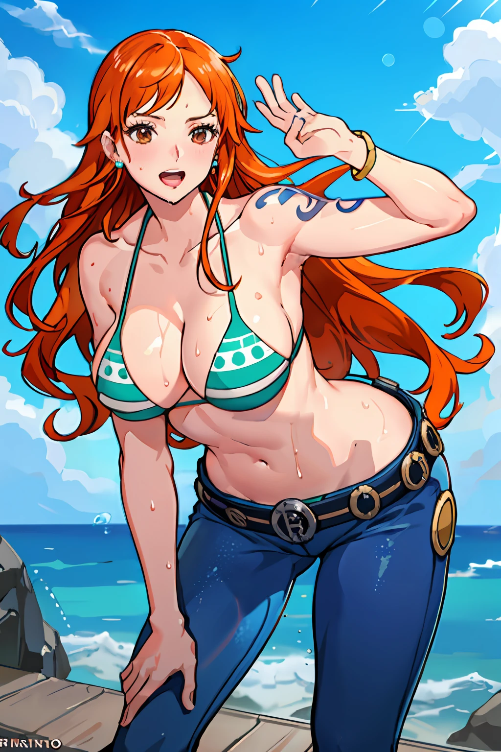 detailed background, masterpiece, 4k, best quality, late youth, adult, wrestler body, 1girl, active, energic, uppercut, (large mouth) , solo, nami \(one piece\), 1girl, bangle, (very wet, drenched in sweat, sweat all over body, very wet hair, tired, taking breath, open mouth, hand on stomach, sweaty face, sweaty body, panting, sweating too much, shiny sweat, sweat stains, leaning forward, tilting, hands on knees, waving good bye), perfect detailed face, bold drawing lines, muscular arms, detailed bold arm lines, flat jaw, adult woman, wavy wide streaked bangs, floating bang streaks, (big cheeks), bare shoulders, off-shoulders, belt, bikini, bikini top only, blue sky, bracelet, springy breasts, breast lines, big round eyes, plain big brown shiny eyes, bubbles, high eye position, cleavage, cloud, day, denim, earrings, floating hair, shiny hair, green belt, green bikini, bold groin lines, jeans, jewelry, large breasts, log pose, long hair, looking at viewer, navel, wet hair, orange hair, pants, shoulder tattoo, sidelocks, sky, solo, standing, stomach, swimsuit, tattoo , looking at viewer, open mouth, detailed left arm, big forehead, hourglass figure, small head, toned body, wide hair, wind effect, sun effect, under the sun, narrow small ears angle, older, random poses,