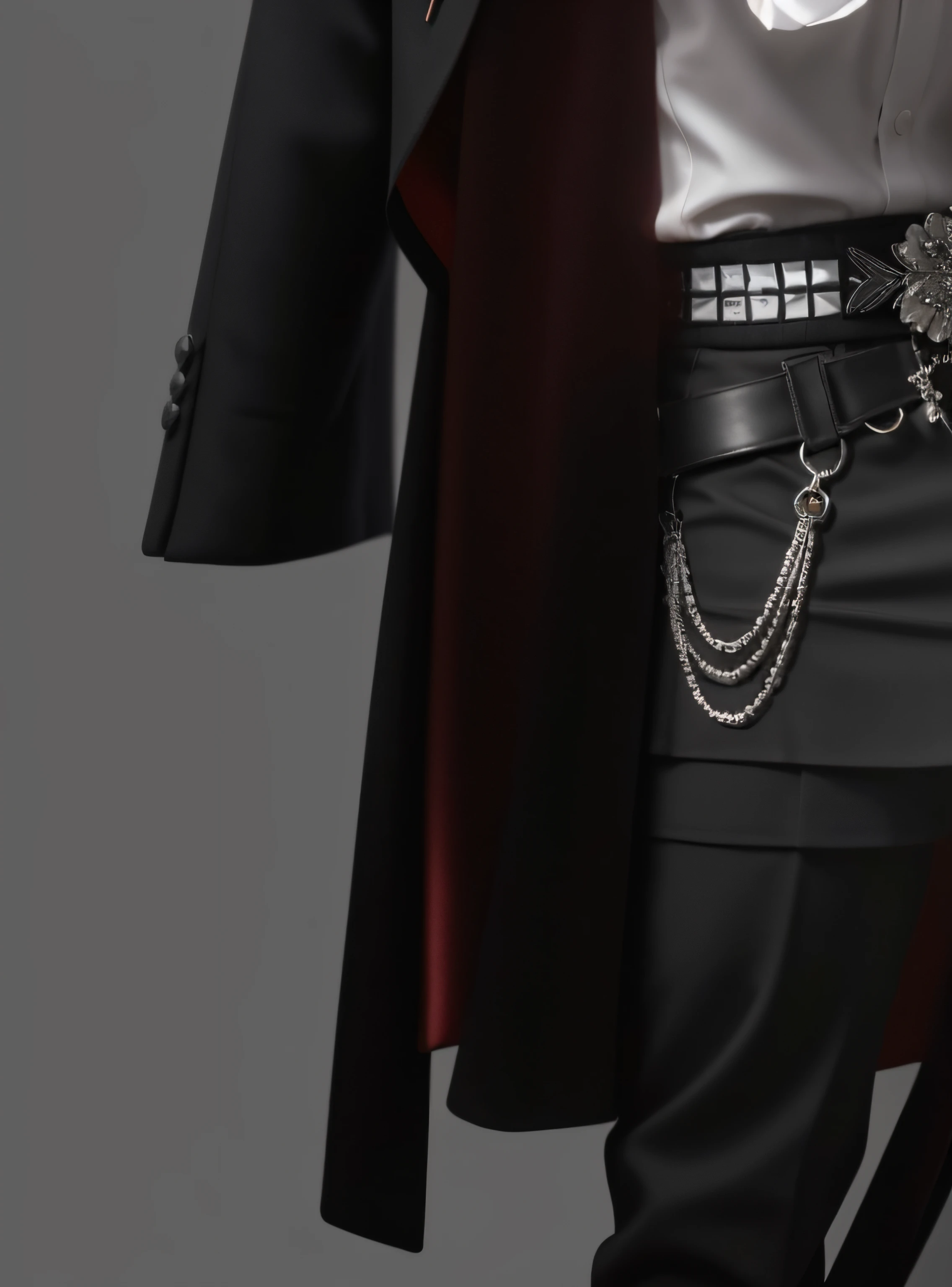 Black suit hem, lined with red silk, bloom, ((cold light)), sharp focus, photo realistic, detailed skin, background out of focus, cinematic composition , ultra-detailed, realistic , hyper-realistic , volumetric lighting, 8k, trending on artstation