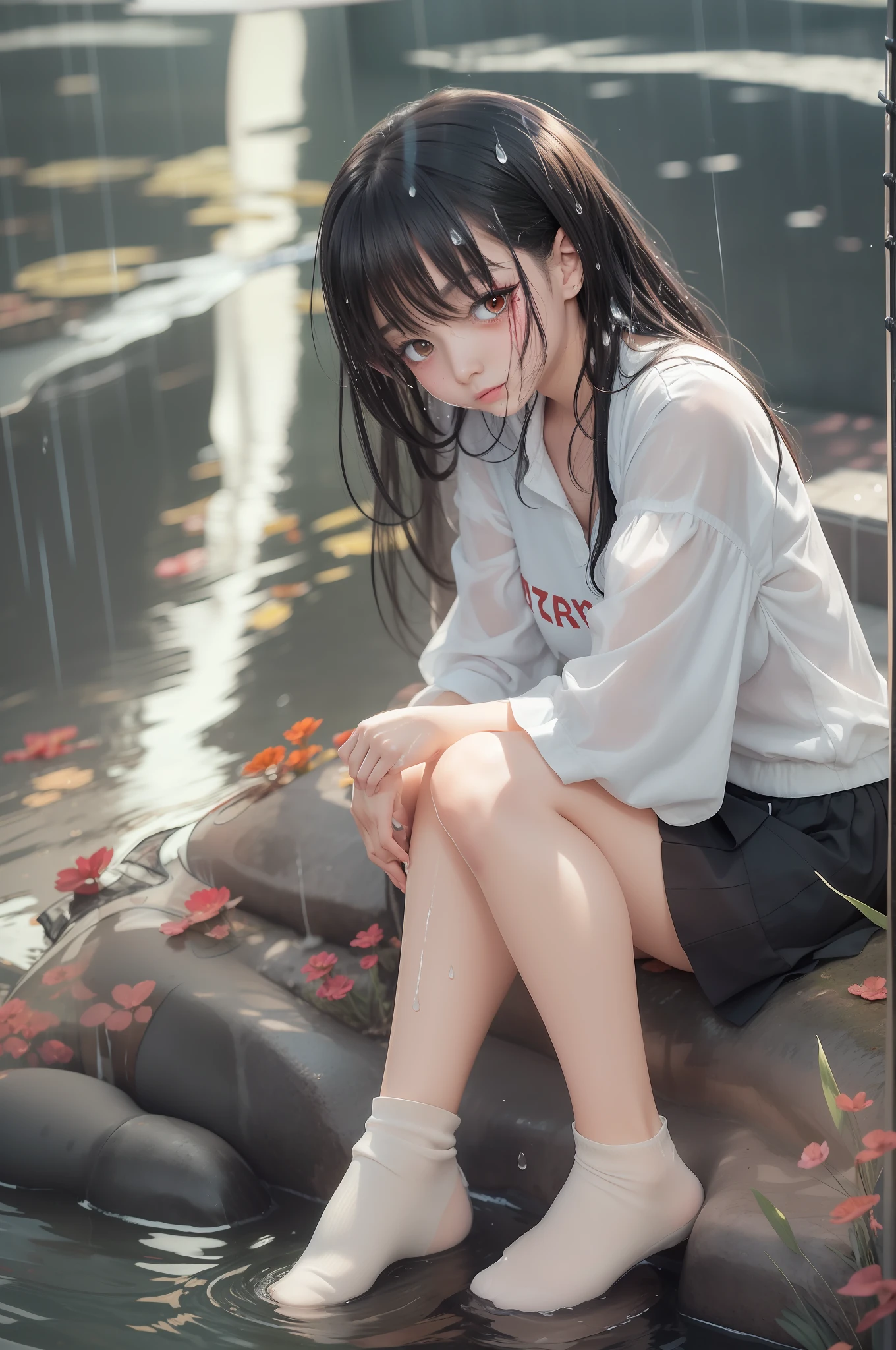 1 anime girl,brownish black hair,Fat legs,Be red in the face,Blushlush,Single Eyelids,With his head bowed,whole body picture,sitting in water,White color blouse,black short skirt,drenched clothes,white stockings,strangle the flesh on the legs,Soaked socks,no shoe,Leg reflexes,Soaked with water,with no underpants,standing water,raining day,Bright lights,Fine hands,Thin feet