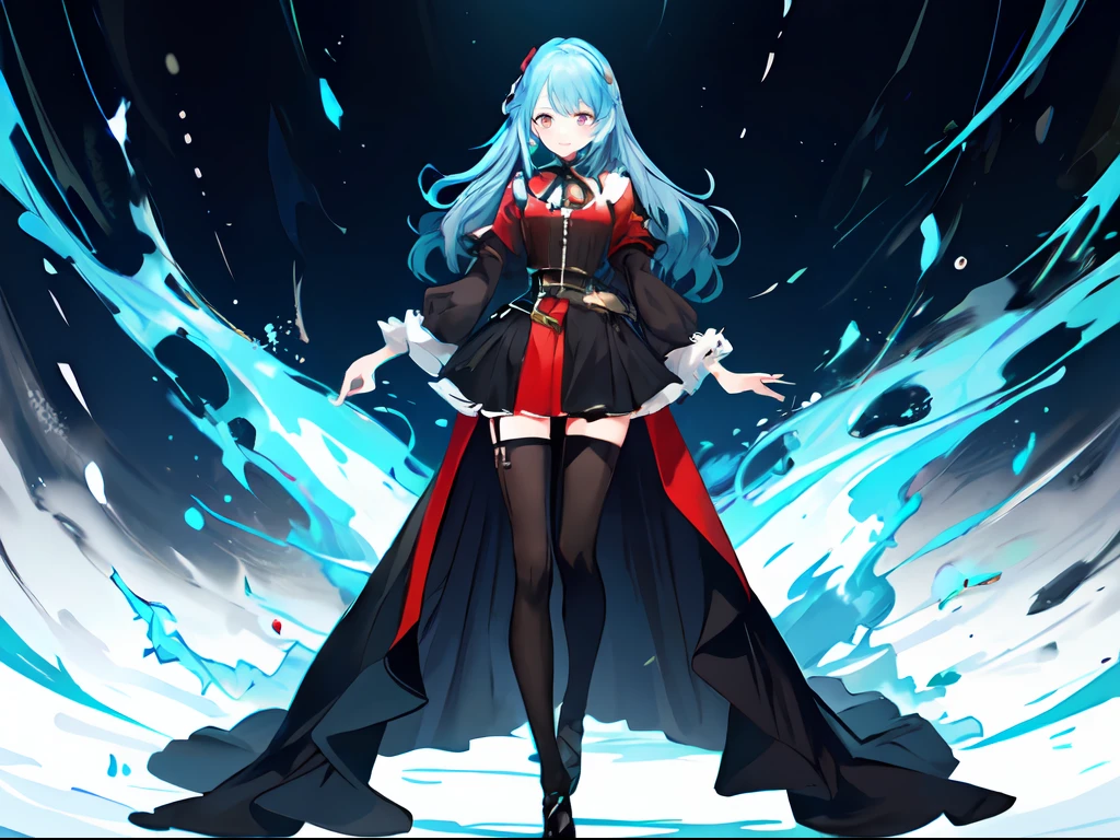 Full body photo, a pregirl, blue hairs, red color eyes, Long legs, Wearing black stockings, Loose hair, projected inset, high details, high quality, textured skin, masterpiece