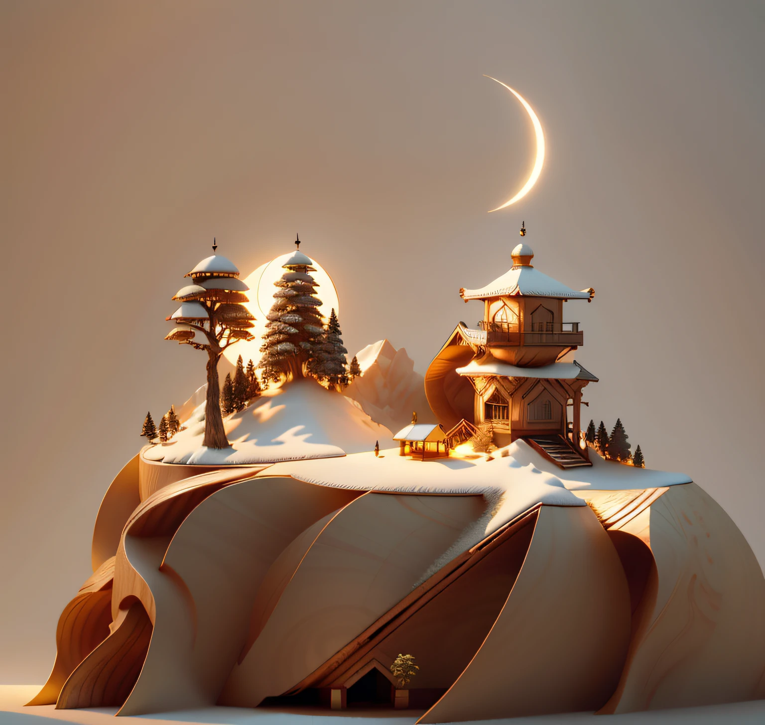 the trees,ln the forest,Mountains,wooden cabin,Pavilions,a warm color palette,3D