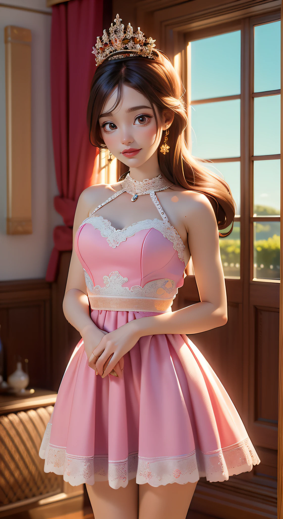 dynamic lighting, 3D model art, A Barbie princess wearing a lovely pink dress, bright,Natural Lighting,morning light,((barbie interior design)), borrowing elements from the scenic grandeur of National Geographic landscapes, beautiful scene is brought to life, by the talented Alec Soth, retina, anatomically correct, textured skin, award winning