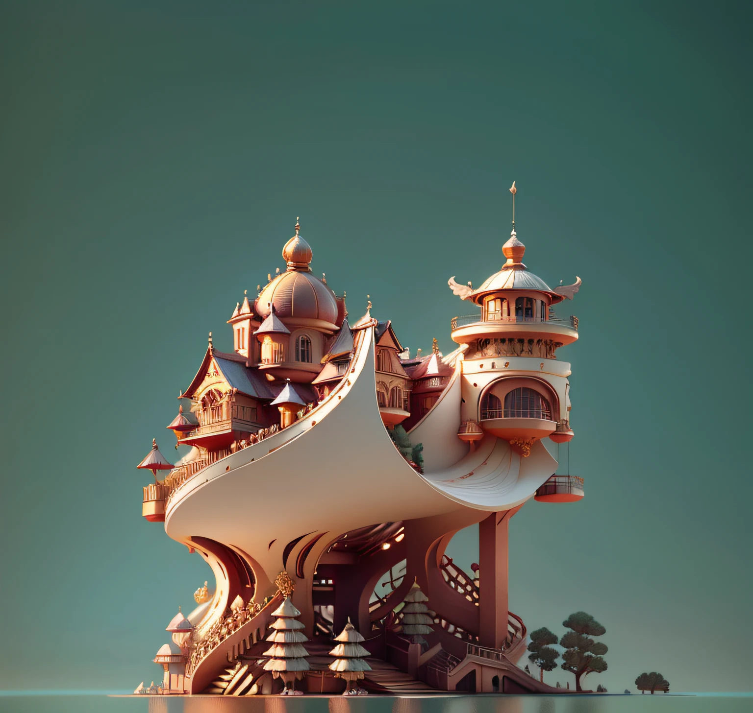 swell sea,ln the forest,Mountains,Pavilions,a warm color palette,3D
