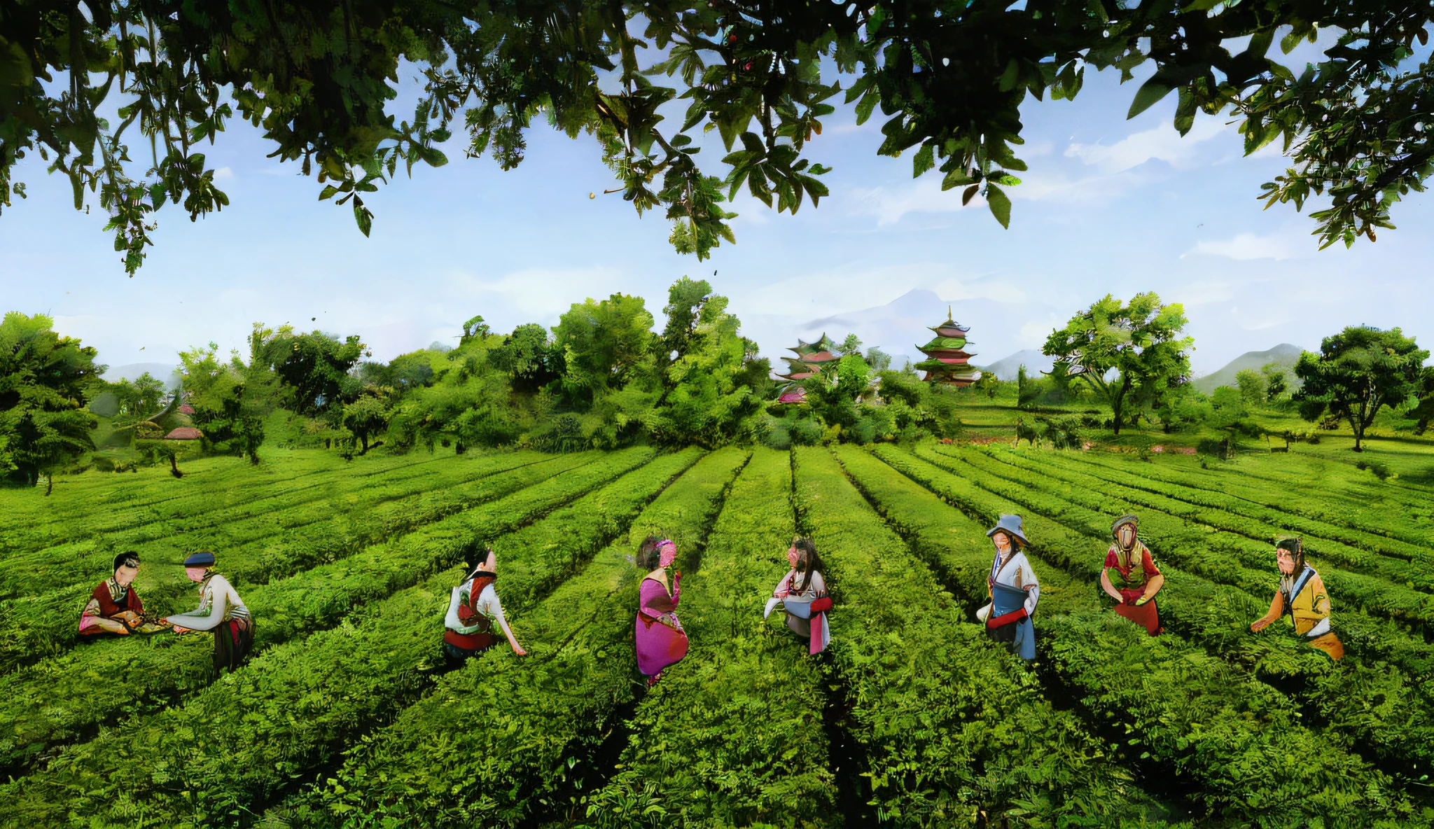 A group of people picking tea leaves in a field, People in a horizontal row，Background: assam tea garden, assam tea garden setting, assam tea village background, assam tea garden background, Chada wanted to extend into the distance ，sichuan, Ancient sword, beautiful fine sky, HmongCostume