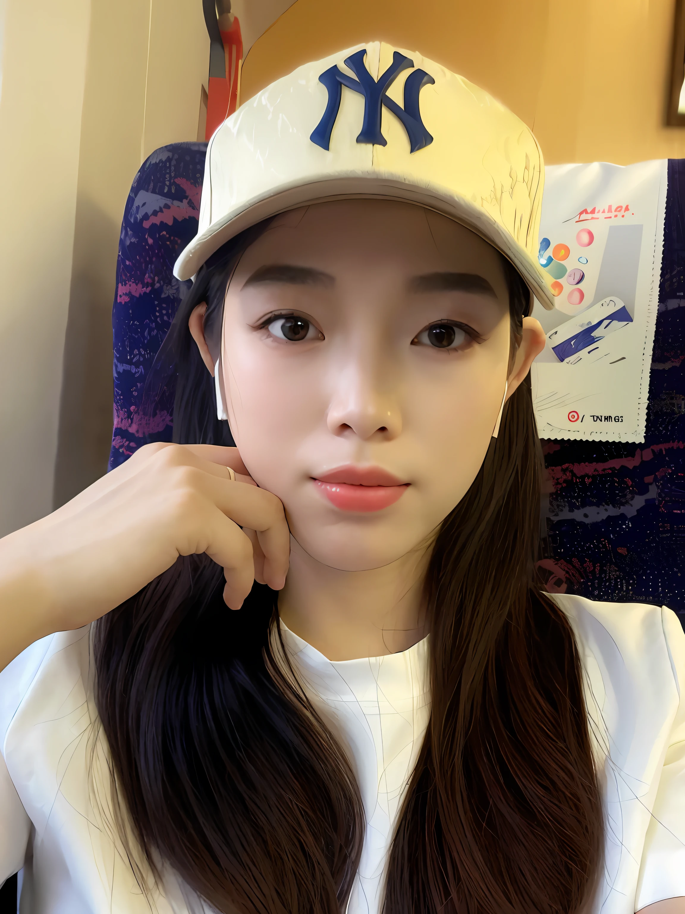 Allafard Asian woman wearing Yankees hat on train, Shin Jinying, 8k selfie photograph, jaeyeon nam, wan adorable korean face, Korean girl, ulzzangs, Kim Do-young, wenfei ye, Kim Tae-joon, xision wu, Choi Hyun-hwa, 19-year-old girl, xintong chen