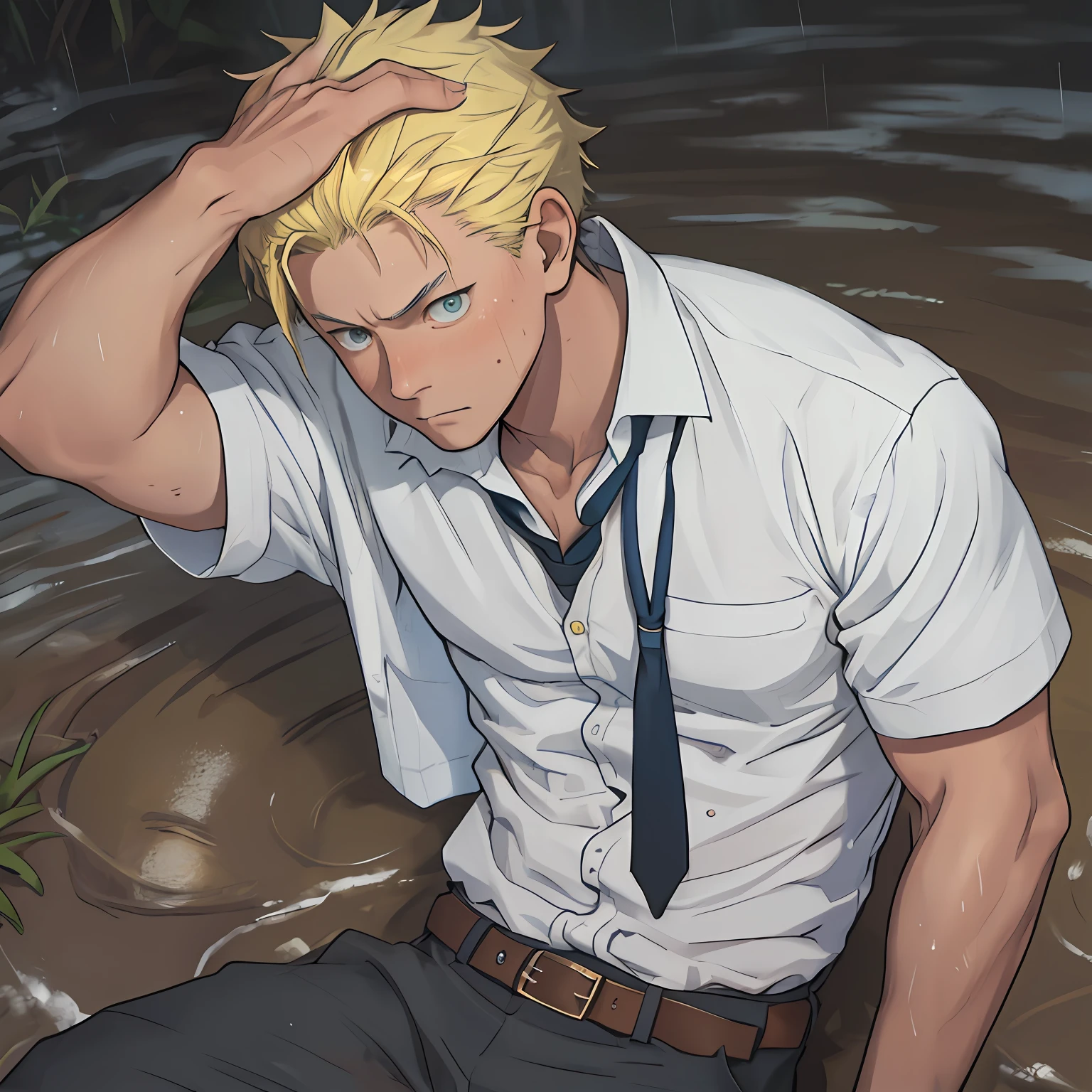 （1 Adult male），A high resolution， Sharp focus， Pixiv masterpiece， （（Complicated details））， highly  detailed， natsuki_subaru， 1 man，Lying in the mud， Lazy，full bodyesbian， blue color eyes（eyes glowing）， Short yellow hair，white  shirt，Wear a tie，Wear a belt，perspire，rain，Drenched，Sweaty crotch，look from down