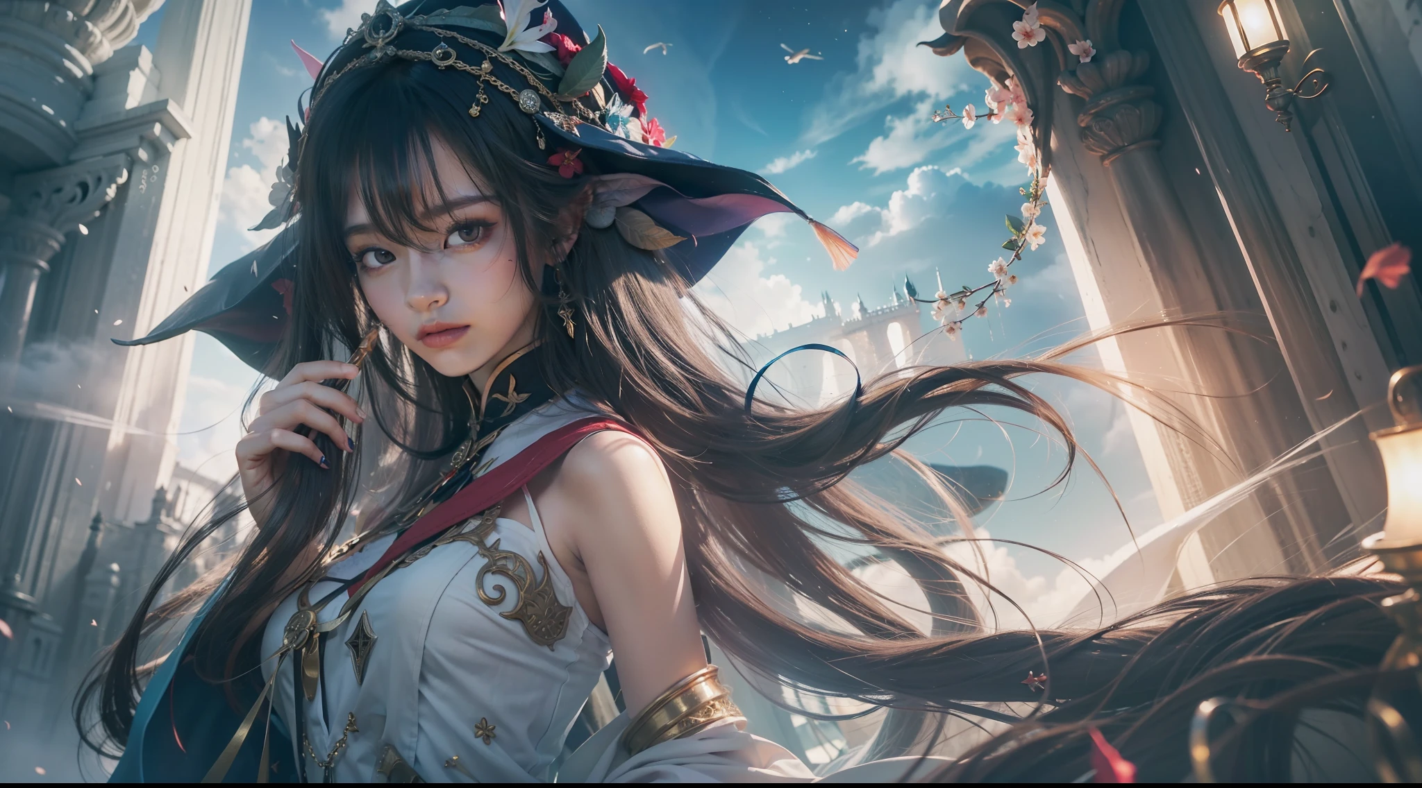 Above the rising clouds,Night, Dark, (Fantasy),infinite,deep blue sky,The abyss of knowledge,Cowledge,((masutepiece)), (((Best Quality))),((Beautiful fine eyes)),(Eye lashes)、Realistic clouds、Very beautiful face、The ultra -The high-definition、high fantasy castle、a beauty girl、(女の子1人)、Black hair、The long-haired、abyss eyes、glowy skin、oils、small tits、Perfect human body structure、Red Wizard Robe、tattered cloth、Realistic coat、Teenchi、Super delicate CG Unity 32k wallpaper、photoRealstic、masterpiece, ((ultra-detailliert)), ((illustratio)),colourfull,wall-paper,The energy,Unknown terror,Incomprehensible,Around the magic,Magical surroundings,magic wands,Boken,Flying pages,Know everything,Predict the future、Get to know the past、Infinite wisdom、blue flames、Warlock、magic circles、Pentagram、Spells、mantra、Singing magic