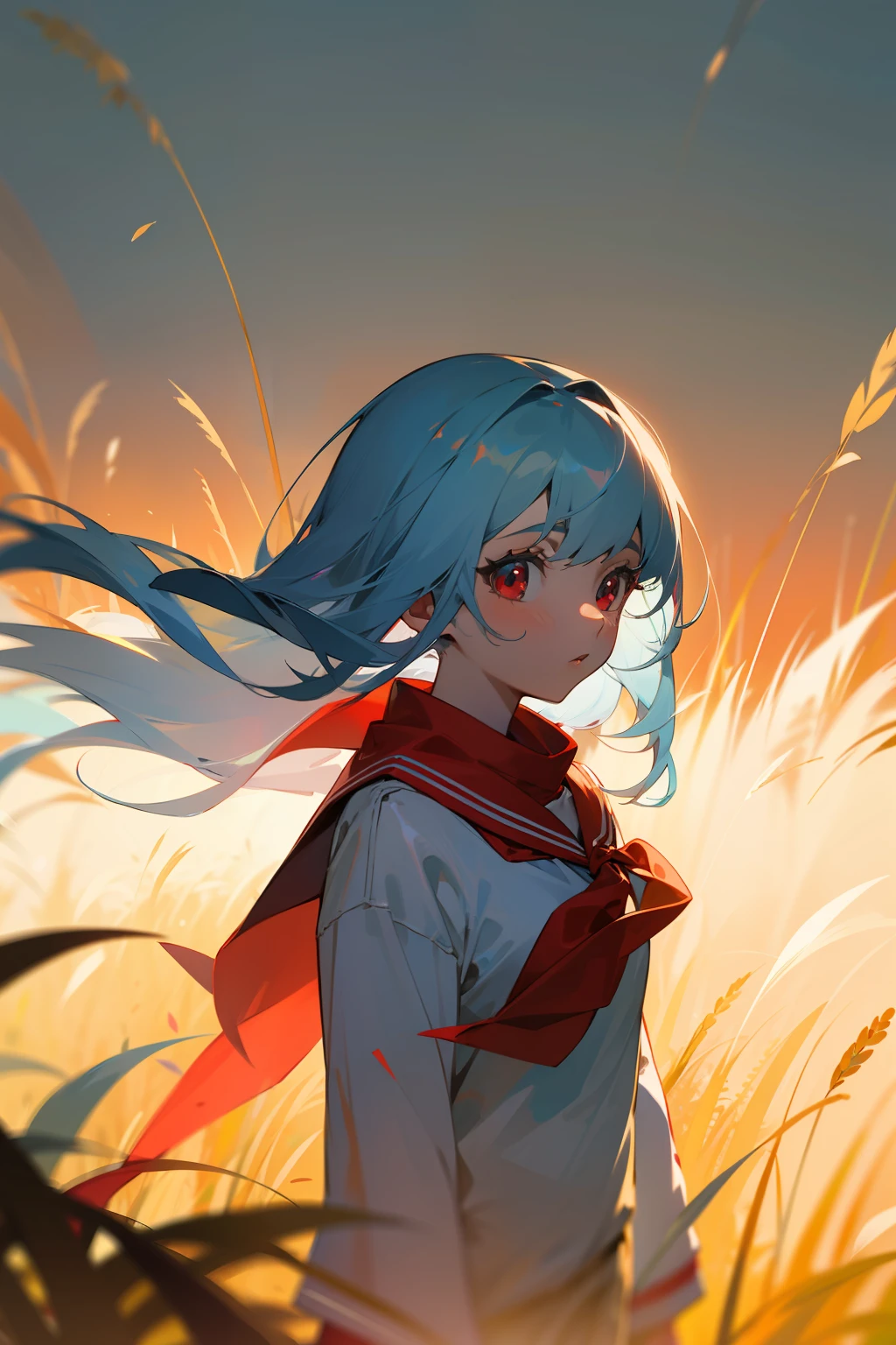 artistic photograph, True light and shadow on a sunny day,grassy fields,On the road,((a sailor suit)),1 beautiful girl,(((Light blue hair))),Red eyes,Long hair,(Red scarf)