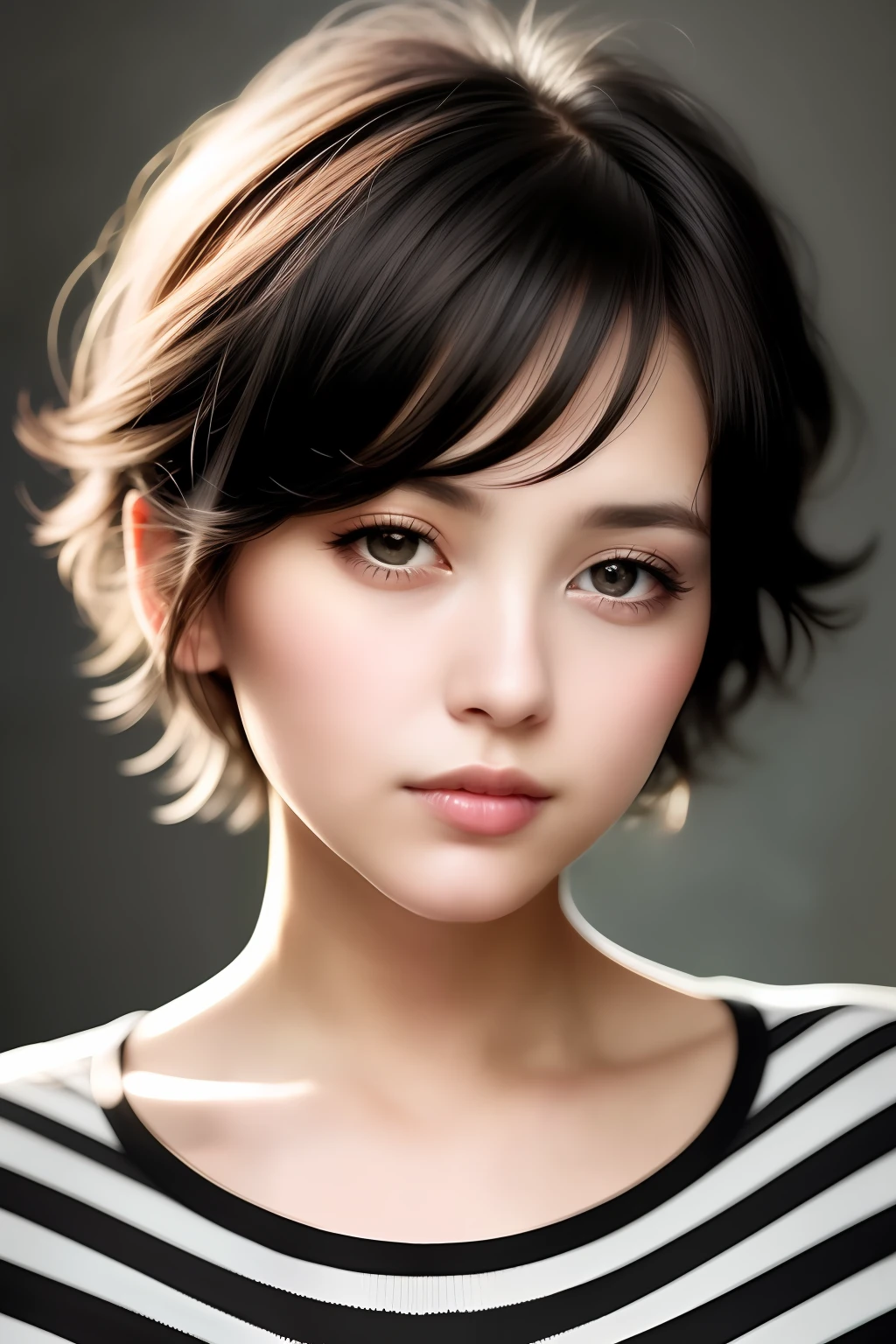 beautiful woman (sad1es1nk11:.99), beautiful hair, ((portrait)), (closeup:1.2), ((from the bust up)), posing for a picture, natural skin texture, (in a striped shirt:1.2), 24mm, 4k textures, soft cinematic light, adobe lightroom, photolab, hdr, intricate, elegant, highly detailed, sharp focus, ((((cinematic look)))), soothing tones, insane details, intricate details, low contrast, soft cinematic light, exposure blend, hdr, faded, now, (black short hair:1.1), (photoreal:1.2), 25 years old, hyperdetailed, UHD, highres