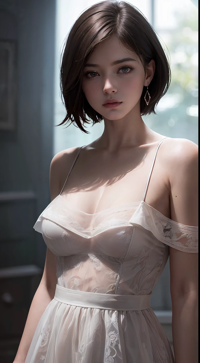 Best quality, masterpiece, ultra high res, (photorealistic:1.5), raw photo, 1girl, offshoulder, in the dark, deep shadow, low key, cold light, sexy look, short hair
