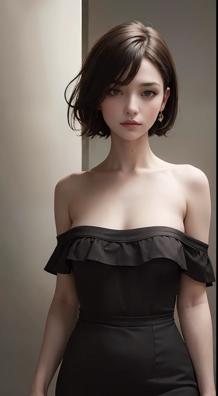 Best quality, masterpiece, ultra high res, (photorealistic:1.5), raw photo, 1girl, offshoulder, in the dark, deep shadow, low key, cold light, sexy look, short hair