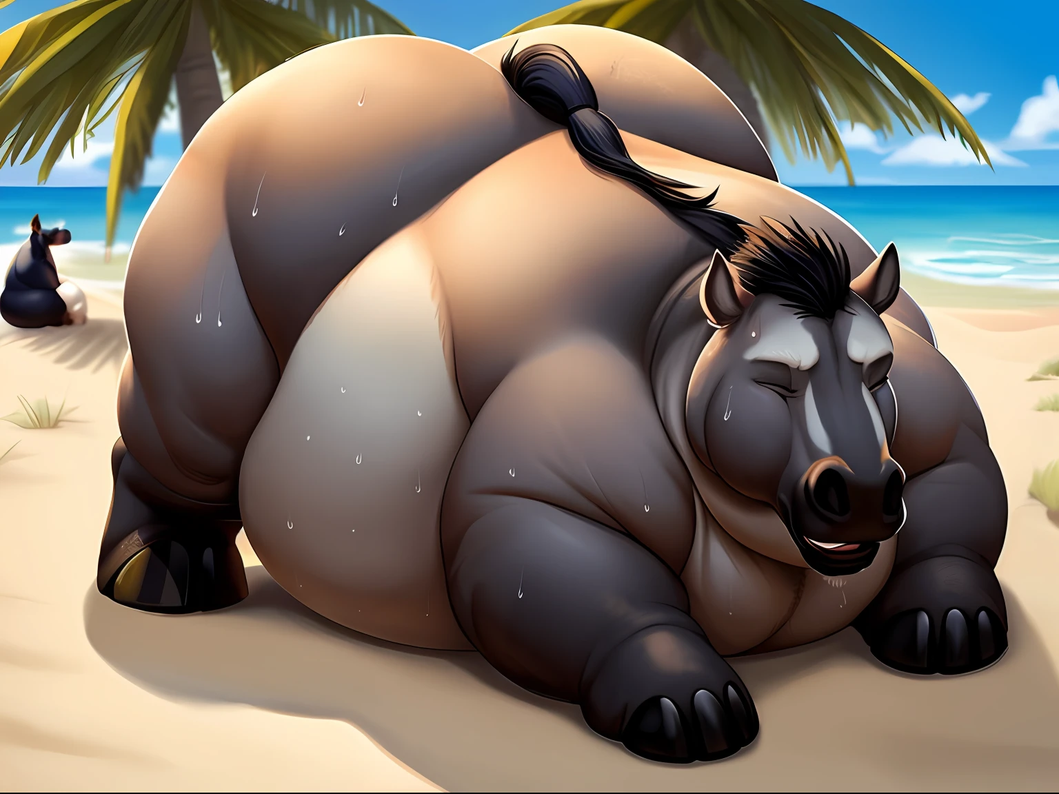 (Masterpiece, best quality, realistic:1.6), feral, horse, male, forcing - style feral, beach, sunny, expressive, male obese, (bokeh:0.6), depth of field,(horse:1), sexy look, (morbidly obese), inflated, full, blush, gigantic, chubby, obese arms, obese legs, seductive, ssbbw, hard, gigant bag, double chin, obese neck, overweight, obese ass, blob, lifting belly, inflation, morbid, ssbbw arms, ssbbw legs, ssbbw chubby neck, obese face, stuffed, curvilinear, bbw,(bhm),((sweaty)), exhausted, big overweight, fat horse feet,((perfect face)), chubby belly bags, morbid, monster, obese face, obese neck, soft, round, thicc, whole obese,((Feral)),(belly on floor),(eyes closed)