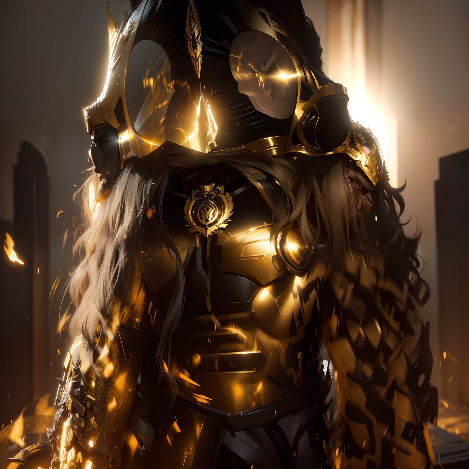 Best quality, masterpiece, ultra high res, photorealistic, long shot, (mascular, strong body builder) a man in black and gold armor, headpiece, facial hair, cinematic lighting, shadow, long black hair, biomechanical environment