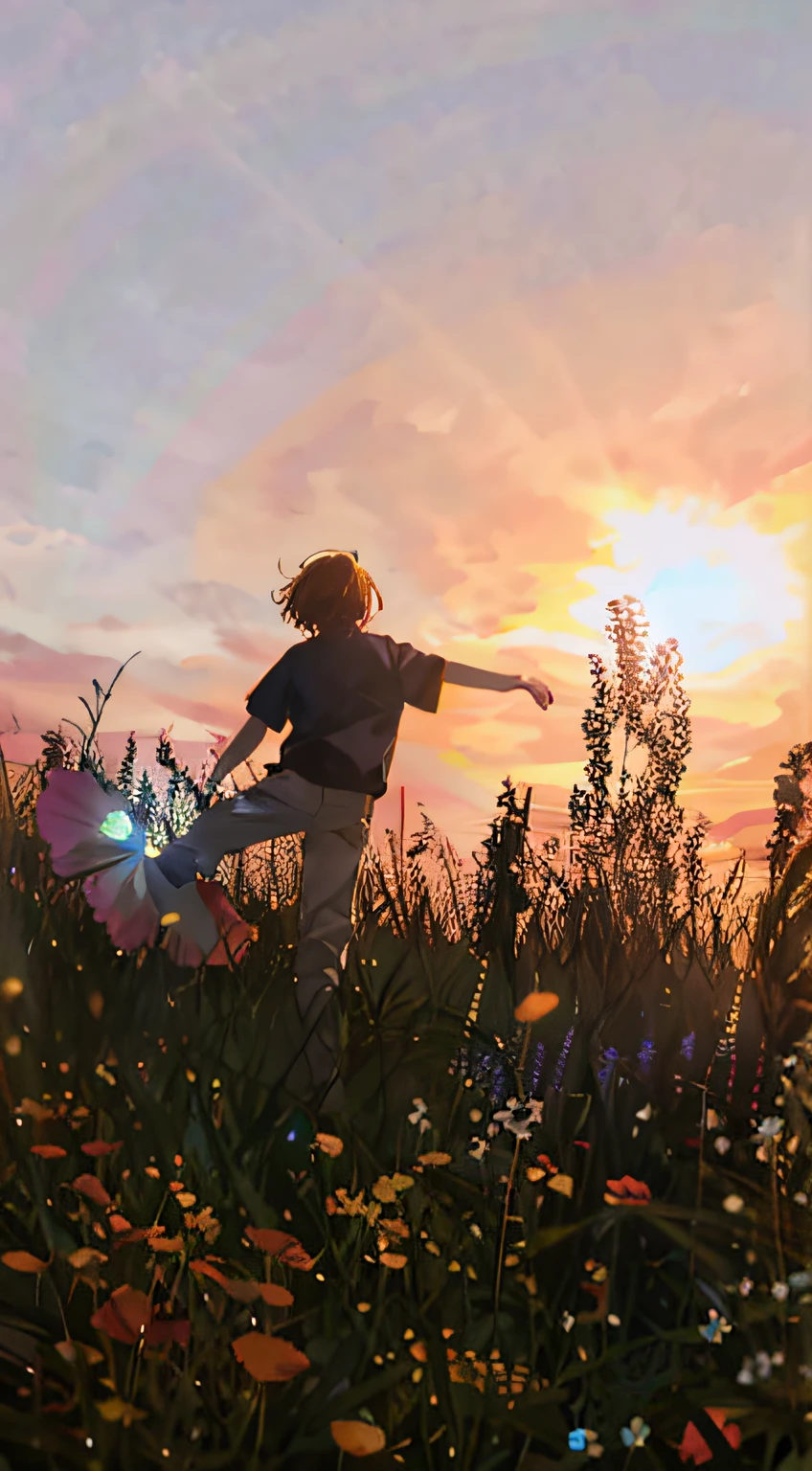 standing in a field, In the sunset, standing in the grass at sunset, With sunset, Long-haired boy dancing in a flower field, prime time, at the sunset, with a sunset, taken at golden hour, sun behind him, Boy with the sun, blocking the sun,