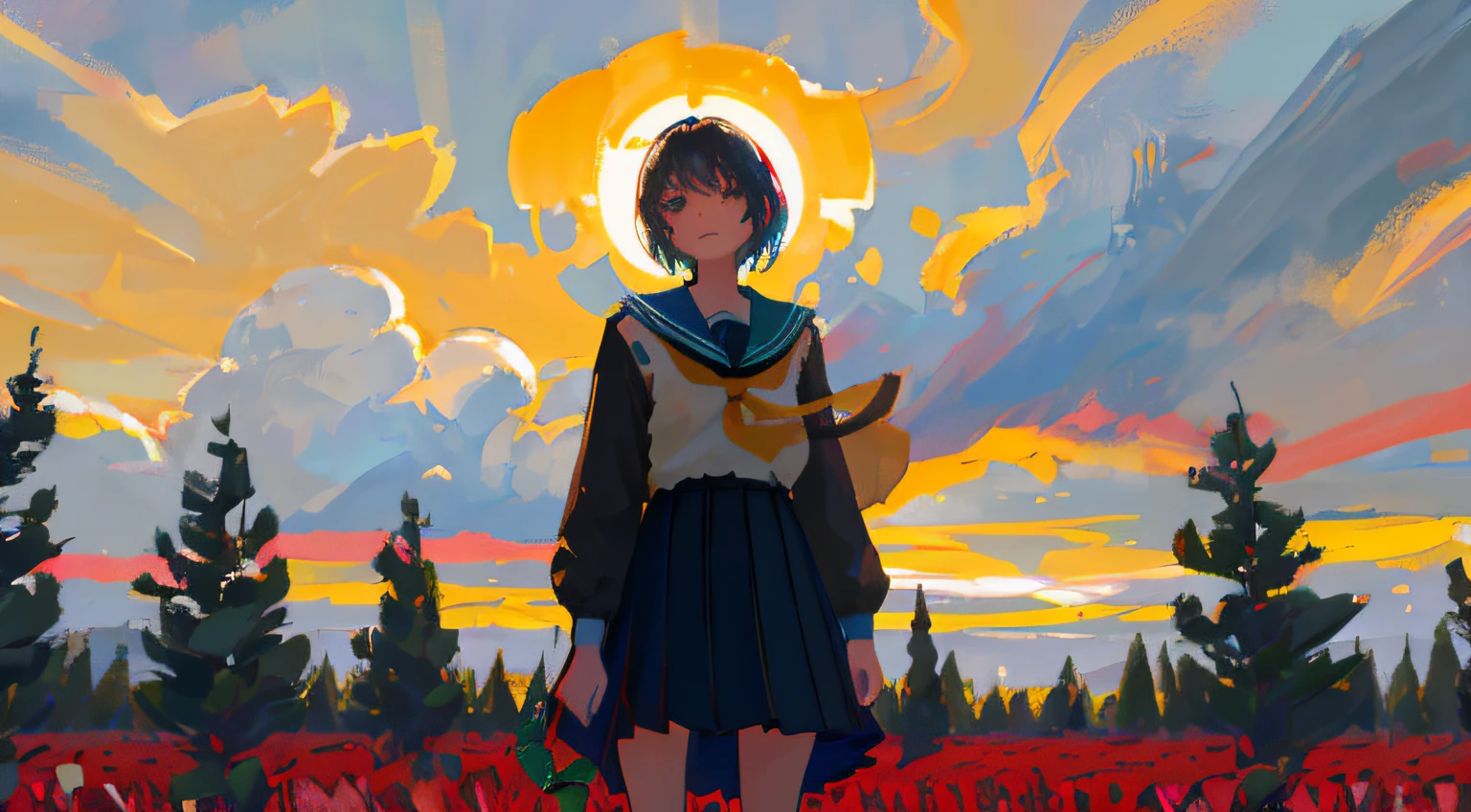 1 Girl standing in a flower field, Short black hair fluttering in the wind, JK school uniform, plethora of colors, The sense of sacredness, ssmile, mostly cloudy sky, Beautiful sun, Cinematic lighting, From below, （Masterpiece, Anatomically correct, High details, Best quality, 4K）