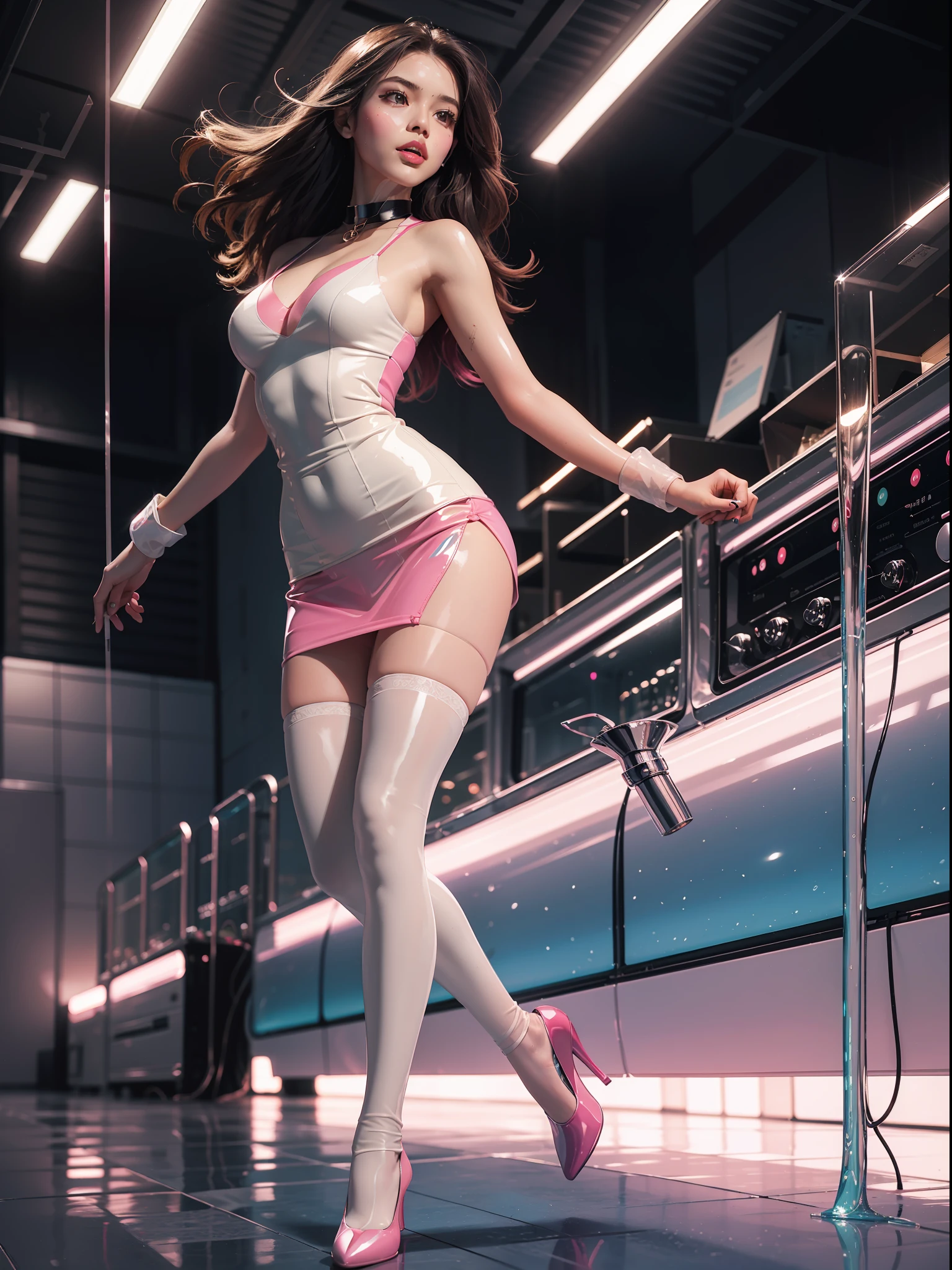 (Full body shot:1.3), (1girll:1.2), anatomy correct, Must show your face, Dance on top of a mountain, The breath of nature, Uniform high heels must be worn,Over-the-knee stockings, (gloss on the skin:2), (In pink|amarelo|blue colors|green color|red colour|white colors|black in color|purpleish color|greys|Beige|Skin color), cosplay, Many jewelry, A shallow laugh, anatomy correct, Complex and diverse backgrounds, hyper HD, Ray traching, reflective light, structurally correct, Award-Awarded, high detal, lightand shade contrast, Face lighting, cinmatic lighting, tmasterpiece, super detailing, high high quality, high detal, best qualityer, Reflectors, 16k