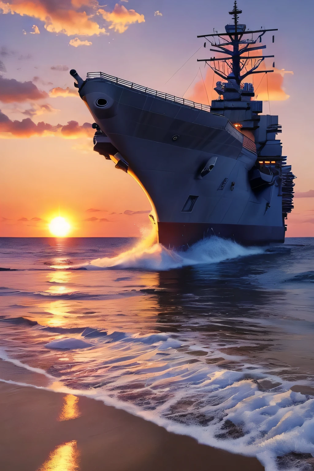 (Masterpiece, Realistic:1.3), shipyard building an aircraft carrier, Sharp, Detailed, 4k texture,Sunset over the ocean,There is a ship in the distance, Image source:Jan Tennagel, pexels, romanticism lain, The most beautiful sunset, which shows a beach at sunset, as the sun sets on the horizon, the glimmering orange dawn, Sunset view, at a beautiful sunset, sunsettime, late sunset, trending photo, colours of the sunset