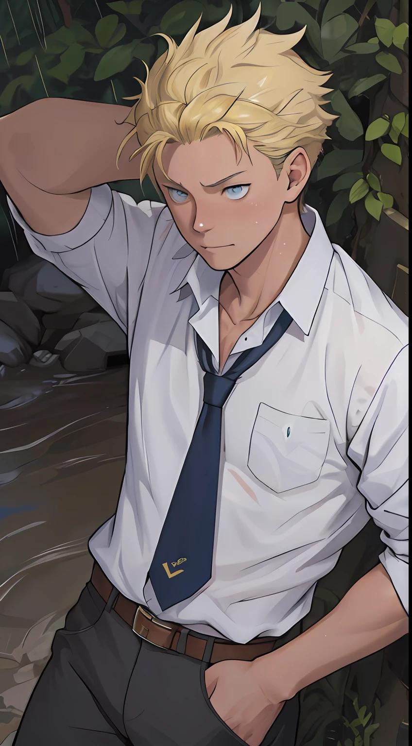 (1 Adult male),A high resolution, Sharp focus, Pixiv masterpiece, ((Complicated details)), highly detailed, natsuki_subaru, 1 man,Lying in the mud, Lazy,full bodyesbian, blue color eyes(eyes glowing), Short yellow hair,white shirt,Wear a tie,Wear a belt,perspire,rain,Drenched,Sweaty crotch,look from down