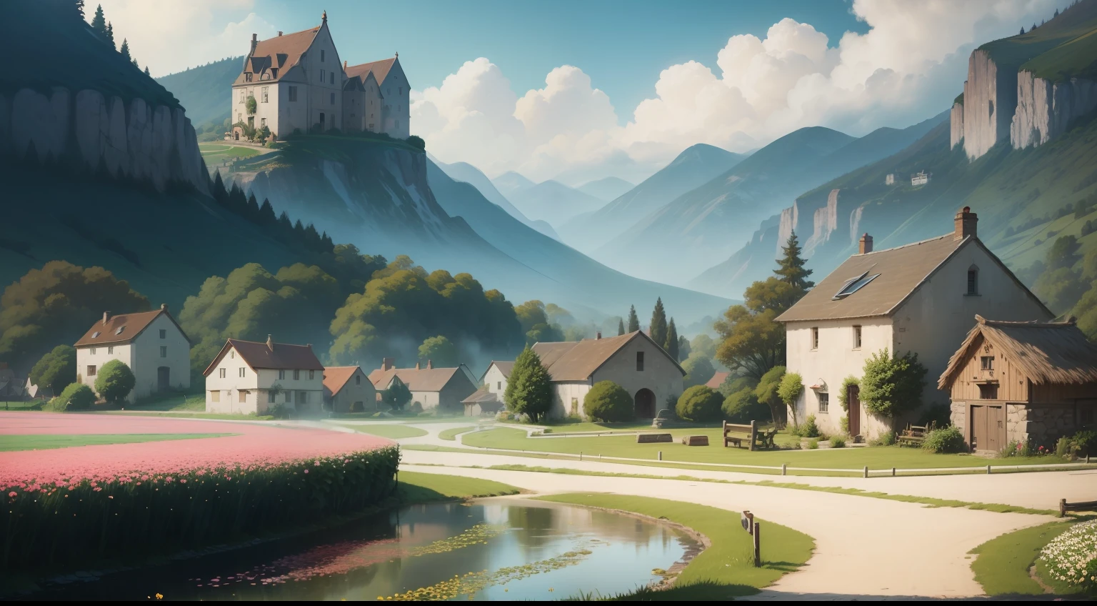 a village with flowers