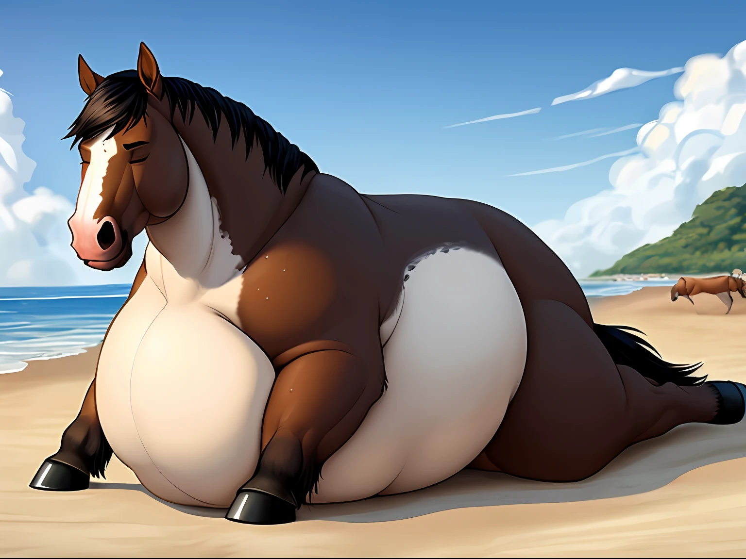 (Masterpiece, best quality, realistic:1.6), feral, horse, male, forcing - style feral, beach, sunny, expressive, male obese, (bokeh:0.6), depth of field,(horse:1), sexy look, (morbidly obese), inflated, full, blush, gigantic, chubby, obese arms, obese legs, seductive, ssbbw, hard, gigant bag, double chin, obese neck, overweight, obese ass, blob, lifting belly, inflation, morbid, ssbbw arms, ssbbw legs, ssbbw chubby neck, obese face, stuffed, curvilinear, bbw,(bhm),((sweaty)), exhausted, big overweight, fat horse feet,((perfect face)), chubby belly bags, morbid, monster, obese face, obese neck, soft, round, thicc, whole obese,((Feral)),(belly on floor),(eyes closed)