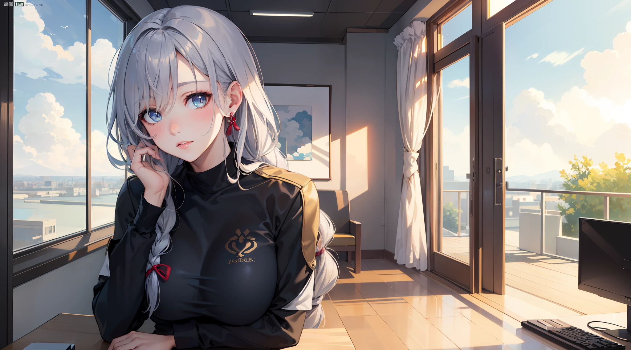 office girl, office clothes, upper body, seductive look, blush, indoors, in office, looking at viewer, cloudy, moody lighting, (perfect detail eyes:1.2), glowing eyes, (long hair one braid:1.2), elemental skill effect, (Masterpiece, Best Quality, High Quality:1.4), professional artwork, Intricate Details, field of view, sharp focus, detailed painting, photorealistic lighting, trending on pixiv, (vivid lighting, vibrant colors:1.05), realistic shadows, ambient occlusion, (athletic body:1.3), mature woman, 30yo, shenhe, hyperdetail eyes, beautiful eyes