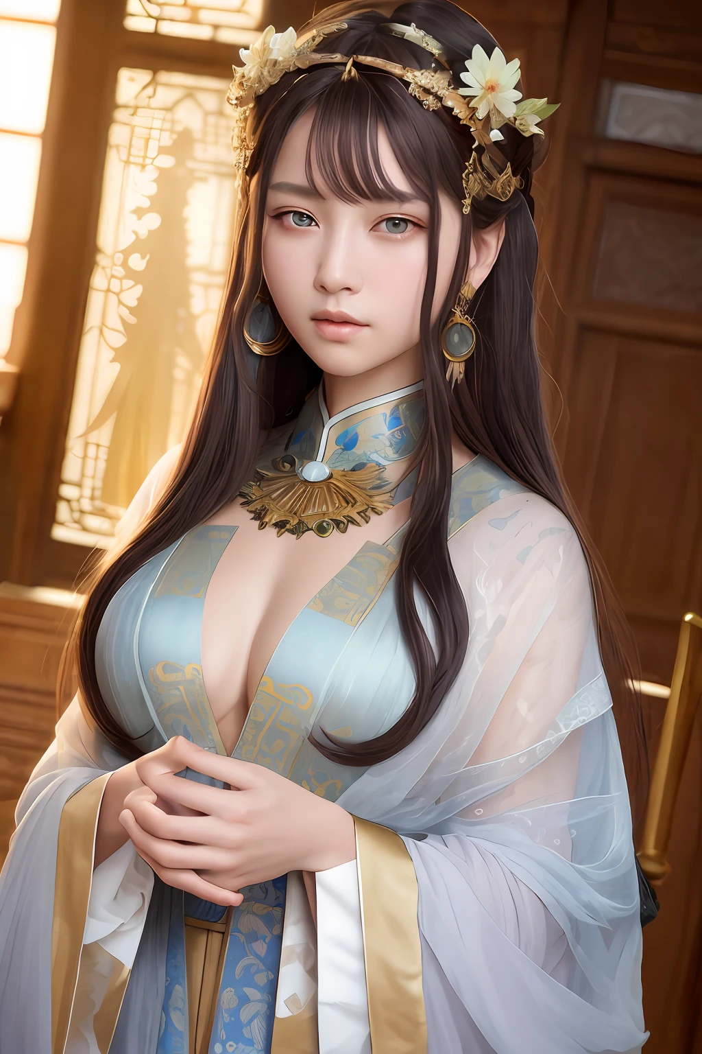 High quality, Masterpiece, Masterpiece, Exquisite facial features, Exquisite Hair, Elaborate Eyes, Delicate colored hair, 4K quality, Gorgeous light and shadow, Tyndall effect, Halo, Messy hair, Young state, Gorgeous scenes, Beautifully dressed, Chains, feater,Ancient Chinese beauties have big eyes and rich details, Digital painting, art stations, concept-art, Sharp focus, illustration, greg rutkovsky(Greg Rutkowski)、An Alphonse Mucha's(Alphonse Mucha)and Victor Ngay(Victo Nkai)of works of art