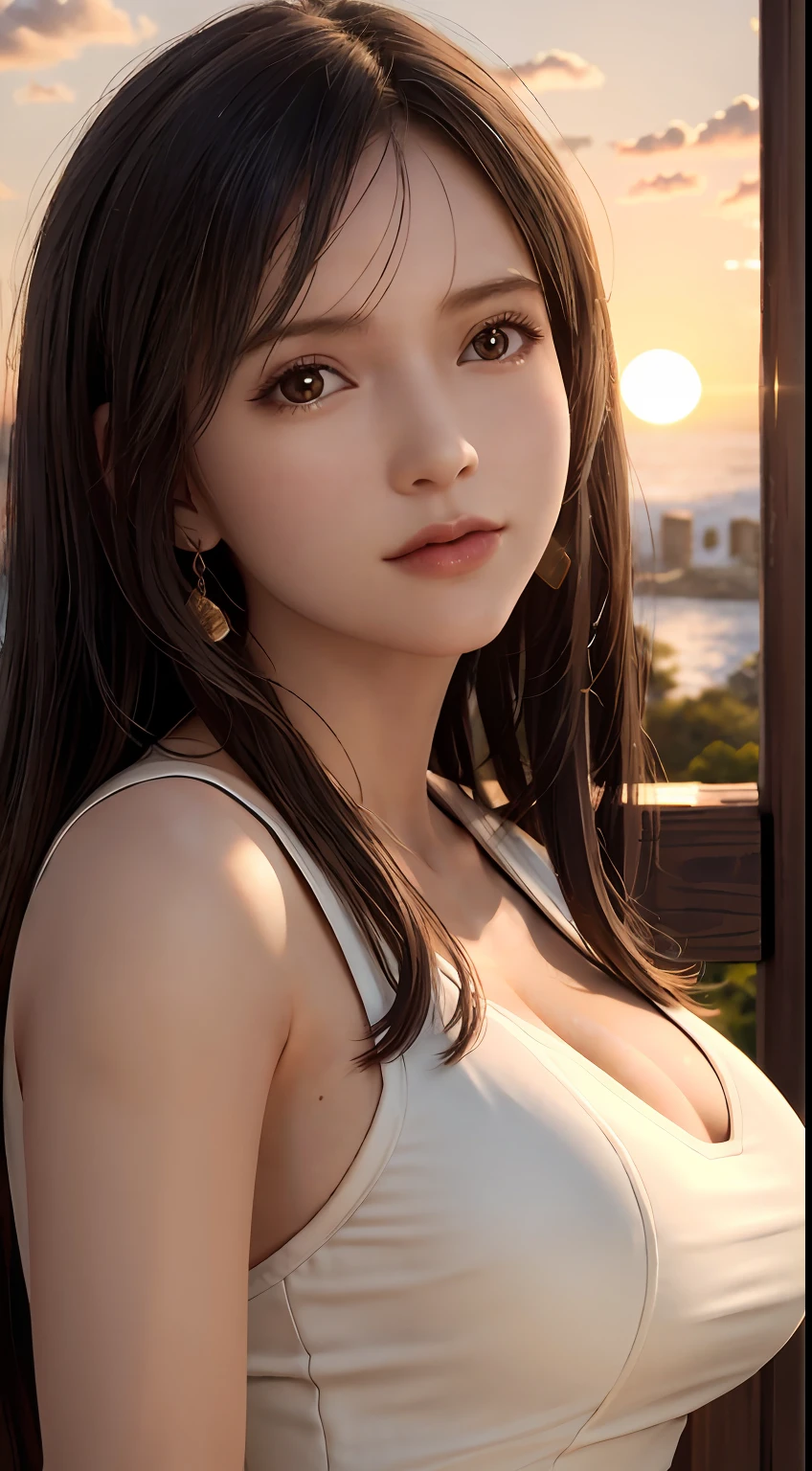 Masterpiece, Best Quality, Movie Stills, 1girl, Low-cut Sheer Dress, Big Tits, Close-up, Bright, Happy, Warm Soft Light, Sunset, (Light Point: 0.7)