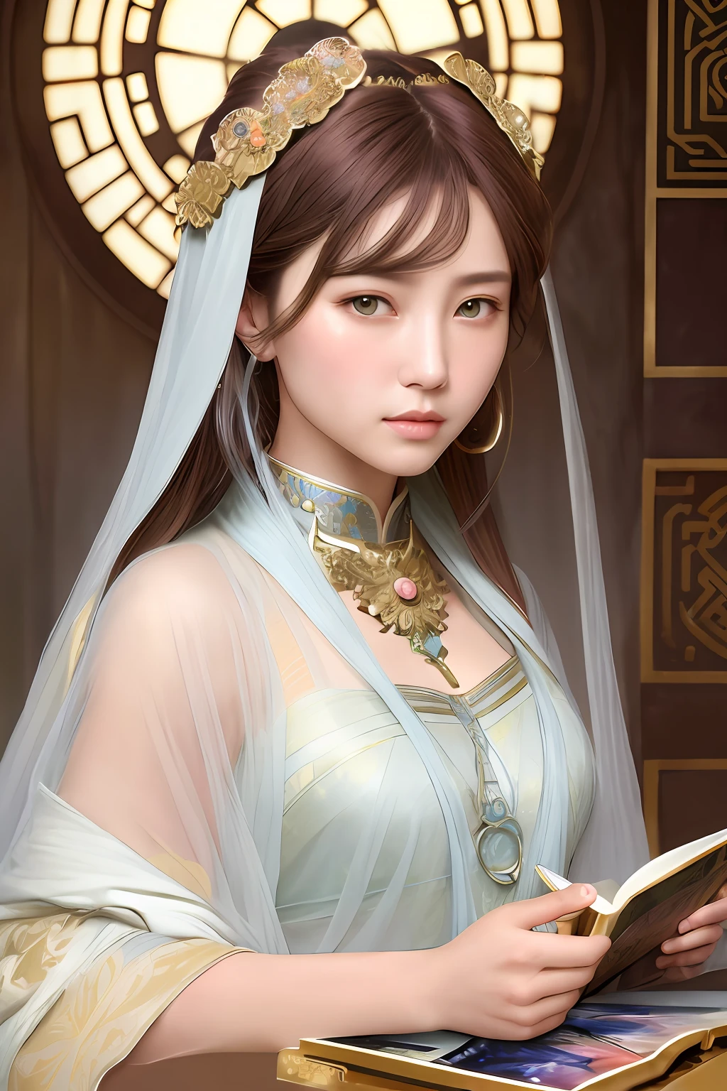 High quality, Masterpiece, Masterpiece, Exquisite facial features, Exquisite Hair, Elaborate Eyes, Delicate colored hair, 4K quality, Gorgeous light and shadow, Tyndall effect, Halo, Messy hair, Young state, Gorgeous scenes, Beautifully dressed, Chains, feater,Ancient Chinese beauties have big eyes and rich details, Digital painting, art stations, concept-art, Sharp focus, illustration, greg rutkovsky(Greg Rutkowski)、An Alphonse Mucha's(Alphonse Mucha)and Victor Ngay(Victo Nkai)of works of art