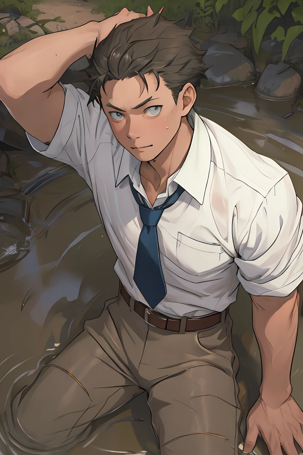 (1 Adult male),A high resolution, Sharp focus, Pixiv masterpiece, ((Complicated details)), highly detailed, natsuki_subaru, 1 man,Lying in the mud, Lazy,full bodyesbian, blue color eyes(eyes glowing), Short yellow hair,white shirt,Wear a tie,Wear a belt,perspire,rain,Drenched,Sweaty crotch,look from down