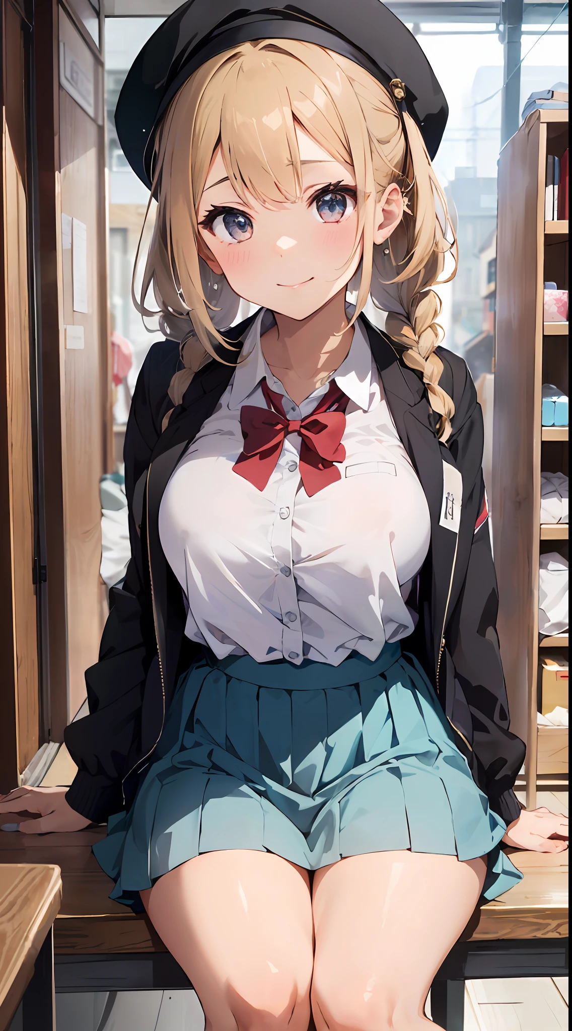 Masterpiece to the smallest detail、top-quality、1girl in、独奏、25-years old、170cm、Model beauties、perfectbody、Breasts so big that they hang on the floor、130 cm breast、ＸCup milk、Realistic nipples、Extraordinary Beauty、Hair with silky texture、Semi-long、Braids、Two-color mesh、Realistic eyes、Outstanding looks、unclear、proximity、closed_mouth、a smile、red blush、full of shyness、Hats that look good、Hats、pink bowtie、校服、 Blue jacket、jaket、skirt by the、Gray pretz skirt、Cutter shirt、white  shirt、an legs、Black socks、sitting on、s Office、hair_ornament、looking_at_viewer、beatiful detailed eyes、Charming gestures、panties on、seductiv、Professional effects、invite、Ignorant look、Receptionist、Large Enterprise Building