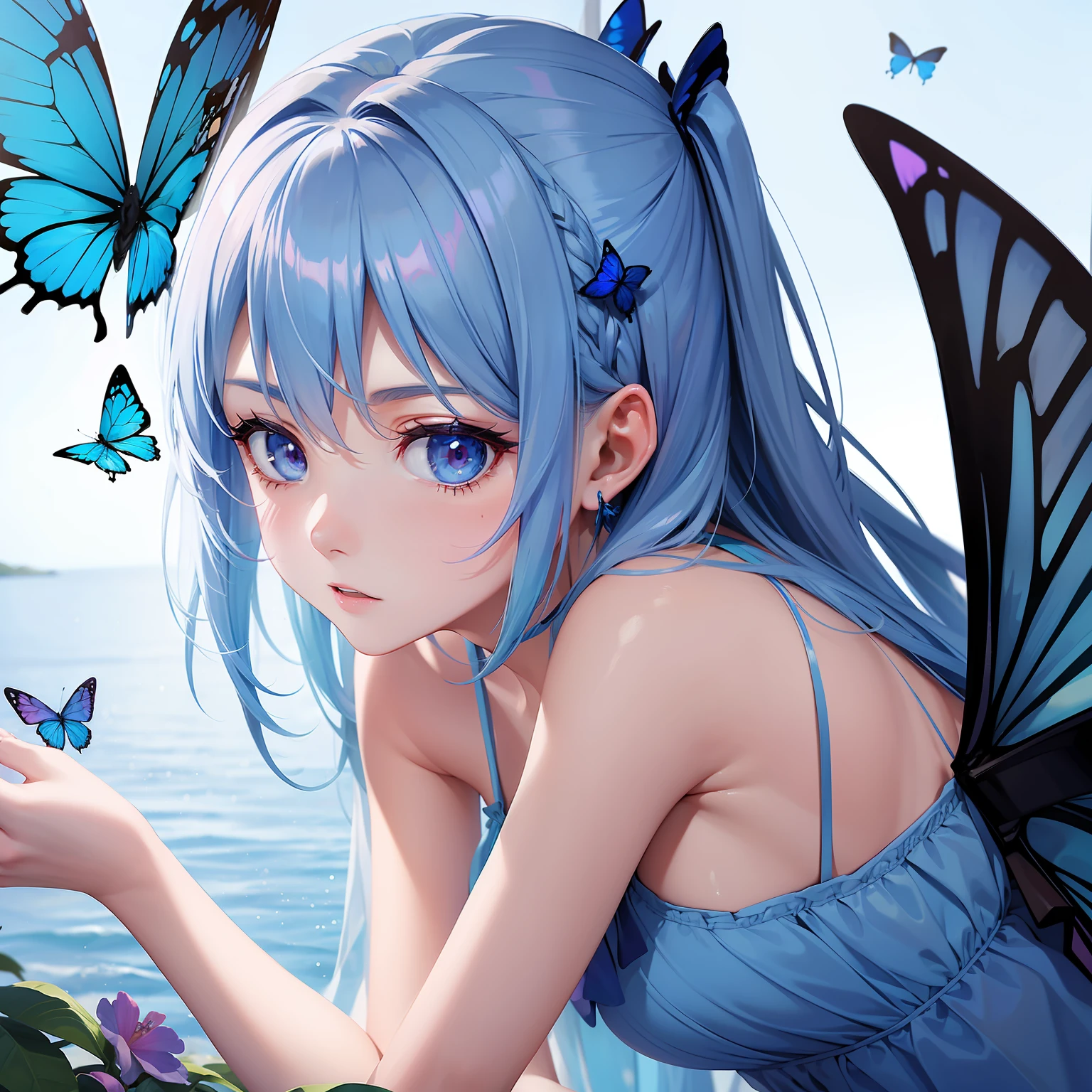 a women, blue butterfly, blue hair, pink eyes, blue dress
