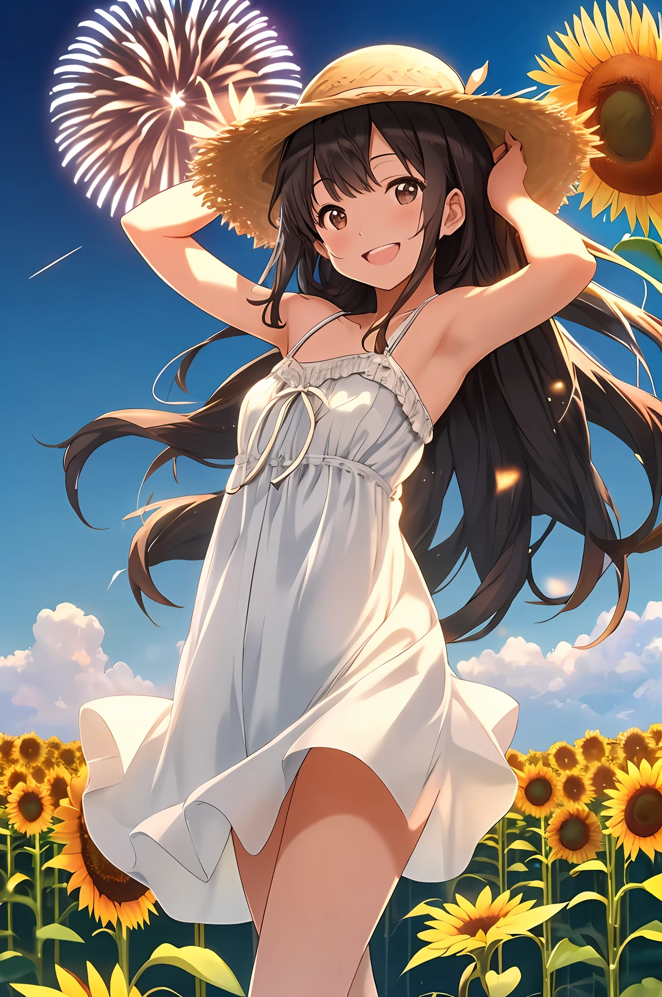 Sunflower field,
cute kawaii girls, (Sweat:0.5), arms back behind,
White knee-length camisole dress, Straw hat, Smile,
Strong light, Sunlight, Wind, Summer sky,
incoming, Attack, Magic effects, Fireworks,
light bloom, Lens flare, (far from viewer:1.1),
High quality,Best,high resolution,Best quality,Award-Awarded,Highly detailed,ultra extreme details,Masterpiece,