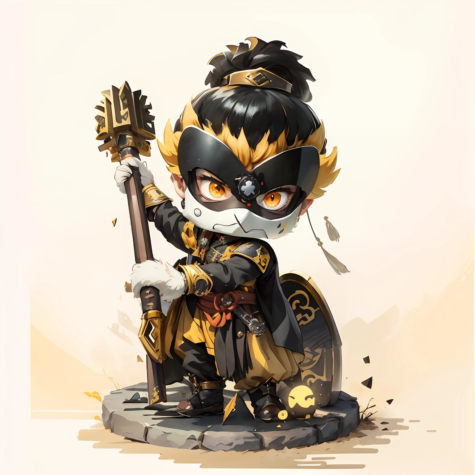 male people,Male characters,tchibi,Bad,Armed mace,Mace weapons,Ancient Chinese weapons,The handle has a delicate pattern,Shoulder blades,metal breastplate,chainmail,Animal pattern cuirass,chest plate,Bracers,Flowing hem,China-style,Chinese-style clothing,Chinese shoes,There are beautiful patterns on the weapon grips,ultra-realistic realism,anaglyph,stereograms,Fine painting,Refinement,infinite details,high definition detail,Patterned,Pattern,Blank background,Bright colors,Metal edging
