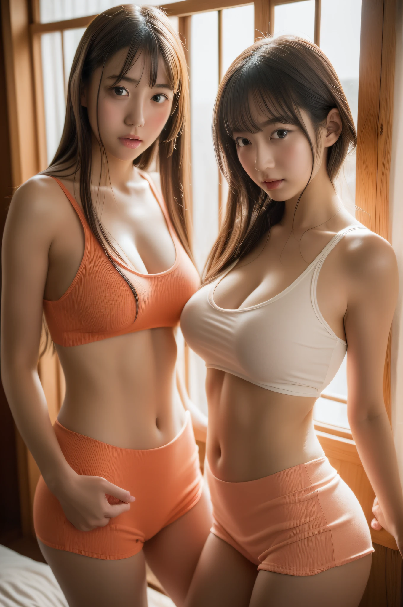 (A room bathed in light:1.3)、(Twin girls:1.3)、(Close-up of bust:1.3)、(Faces are similar)、(Wearing a tank top made of natural materials:1.3)、(Wearing a miniskirt:1.3)、(​masterpiece、top-quality) 、Soft lighting、dynamic ungle、absolutely outstanding image, very extremely beautiful、​masterpiece, top-quality,Photos, kawaii、(Colossal tits:1.3)、20 year old girl、The skin is reddened、Girl with realistic young idol Japan、Young cute gravure idol、Young Sensual Gravure Idol、Young gravure idols、model in Japan、8ｋ