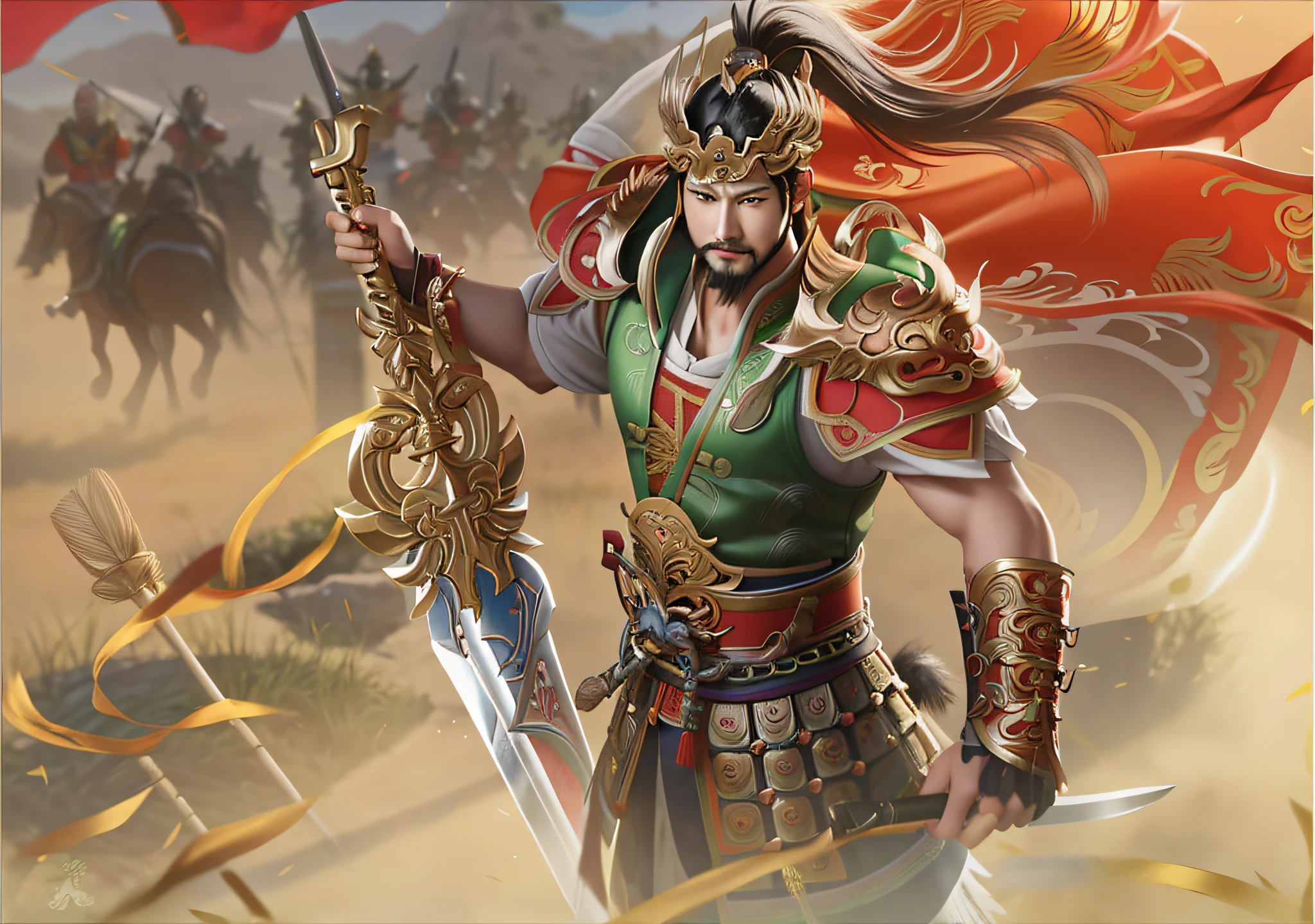 Close-up of a man holding a sword in a field, Guan yu, Inspired by Huang Shen, bian lian, zhao yun, Chinese Warrior, by Yang J, xianxia hero, inspired by Li Kan, son goku, Dynasty warriors, Inspired by Shen Zhou, heise jinyao, Inspired by Hu Zaobin, powerful warrior
